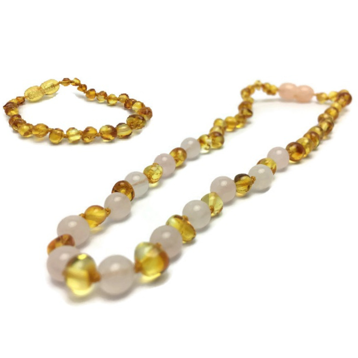 Baltic Amber Teething Necklace and Rose Gemstone