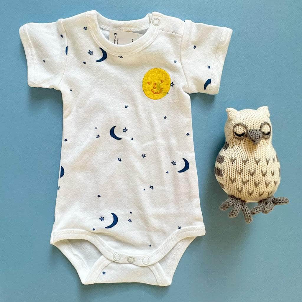 Moon & Stars Organic Baby Onesie & Owl Rattle Set