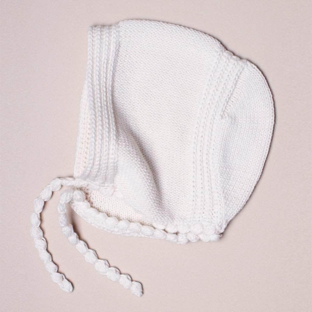 Organic Baby Gift Set - Hand Knit Pretzel Romper, Bonnet Rattle Toy