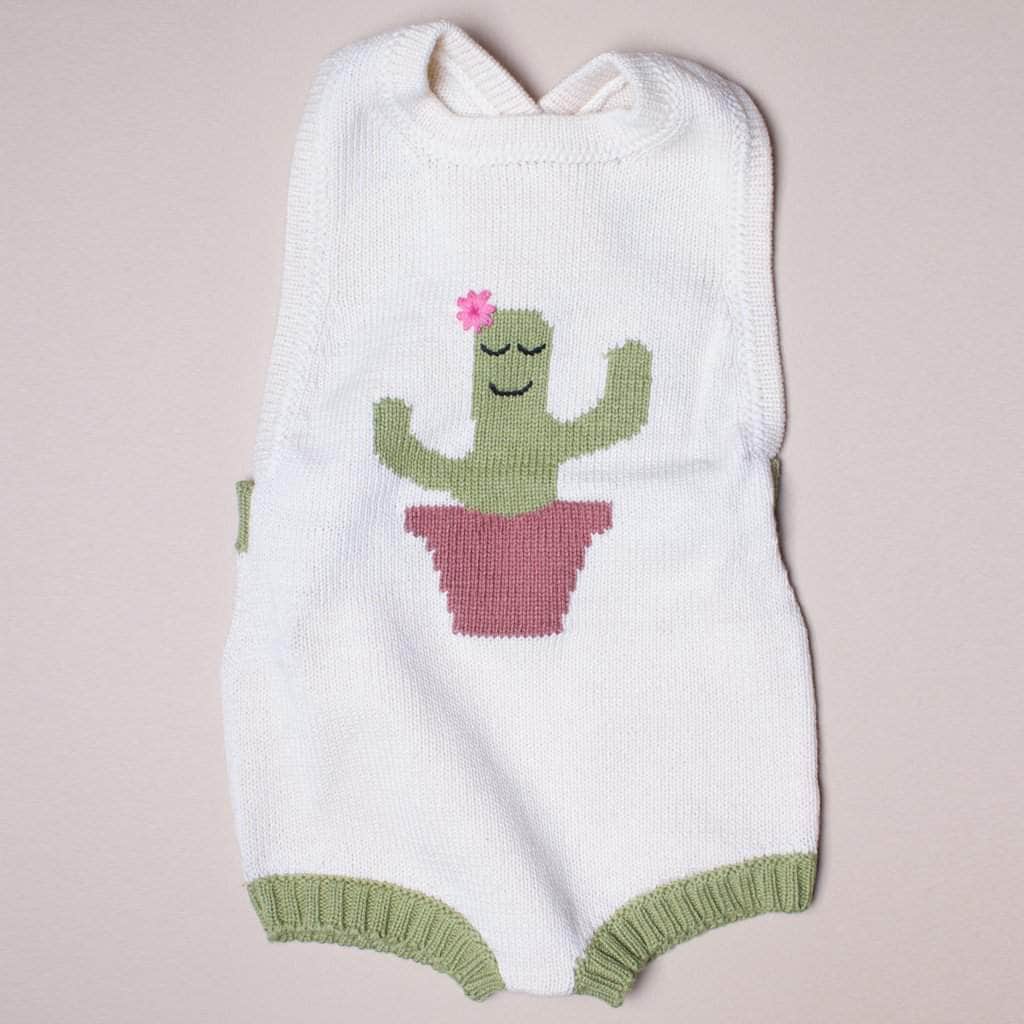Organic Baby Gift Set - Handmade Newborn Romper, Bonnet & Rattle Toy | Cactus
