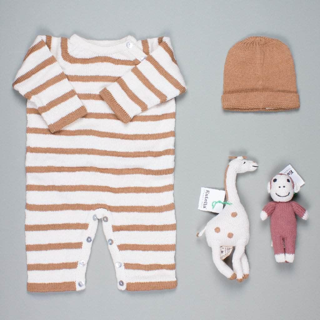 Organic Baby Gift Set | Knit Romper, Hat, Giraffe & Monkey Toys