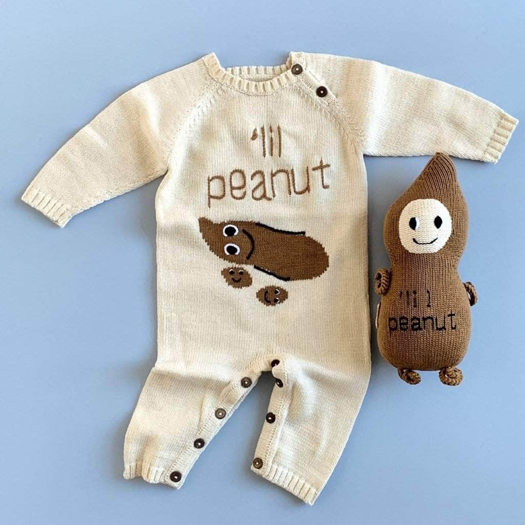 Organic Baby Gift Set - Knitted Baby Romper & Stuffed Animal, Lil Peanut