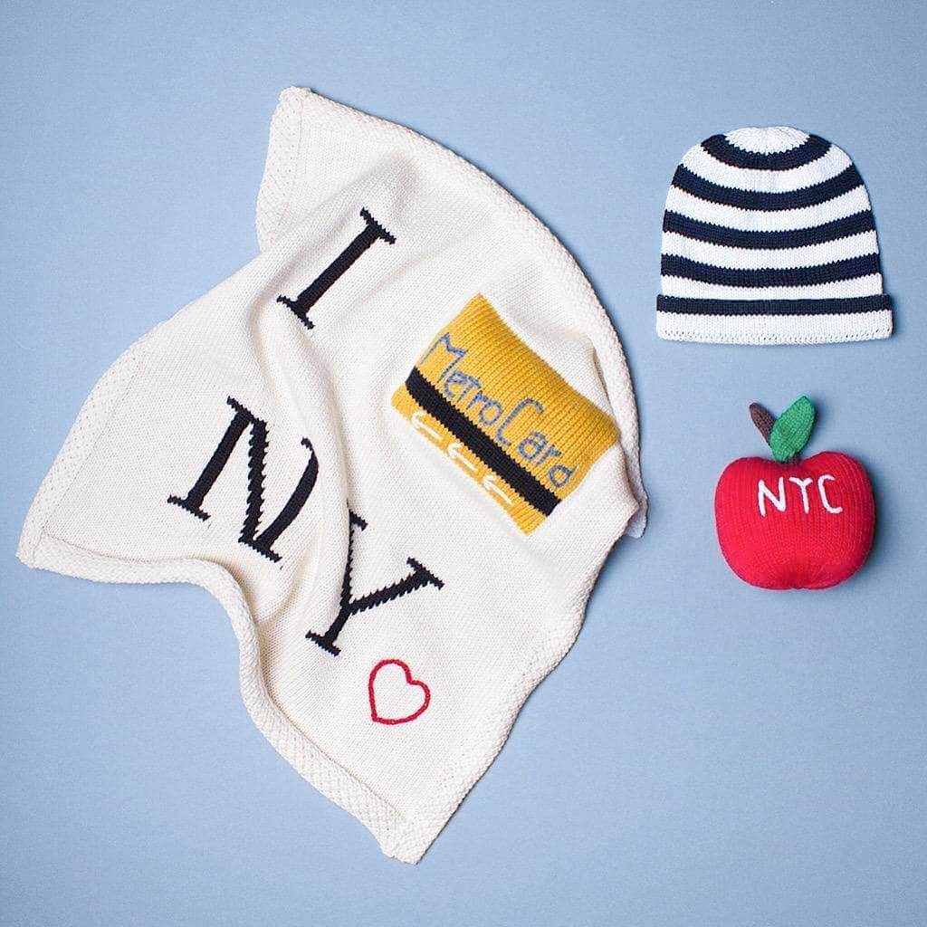 Organic Baby Gift Set - New York Metro-card Blanket, Hat & Apple Rattle