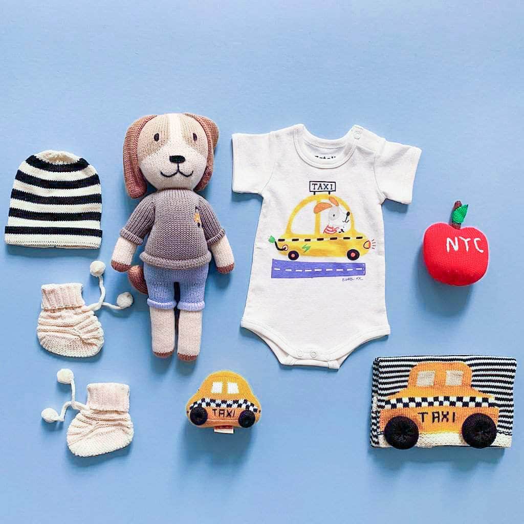 Organic Baby Gift Set - New York Taxi Onesie, NYC Rattle Toys, Knit Doll and Blanket, Baby Hat | Apple, Taxi and Dog