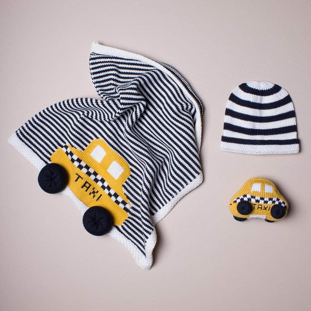 Organic Baby Gift Set - Newborn Lovey Blanket, Rattle Toy & Hat | Taxi