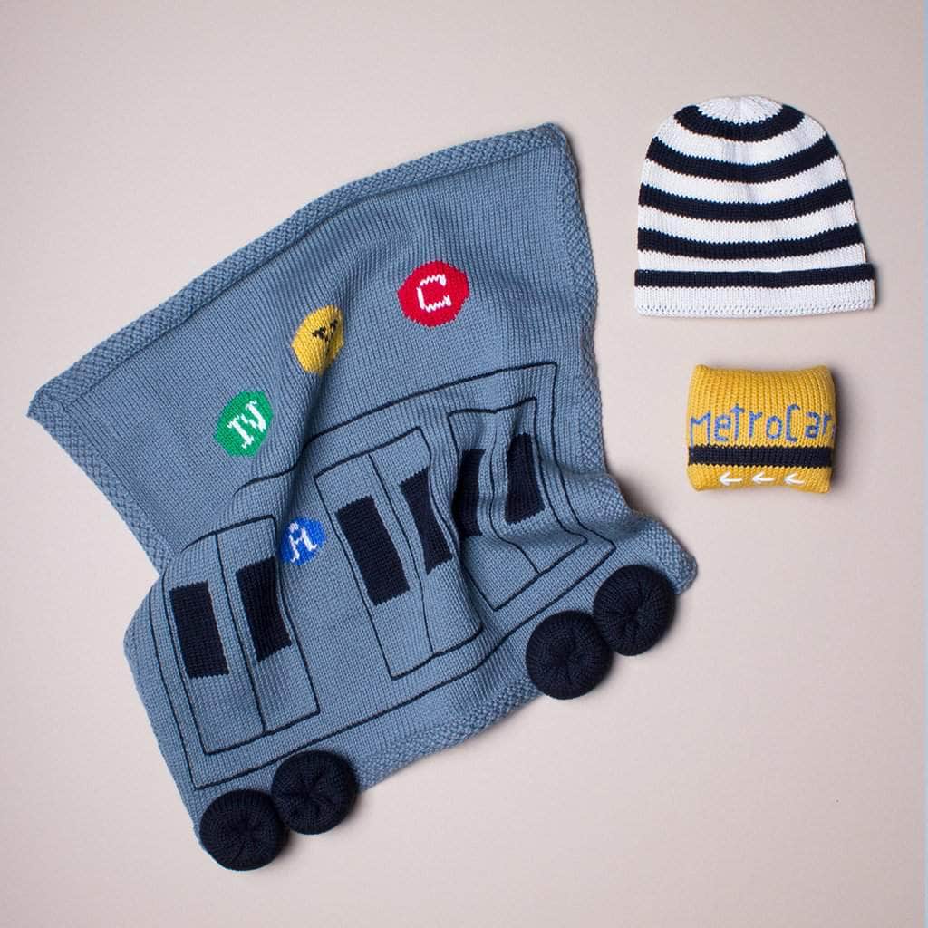 Organic Baby Gift Set - Newborn Security Blanket, Rattle Toy & Hat | New York MTA Train & Metro Card