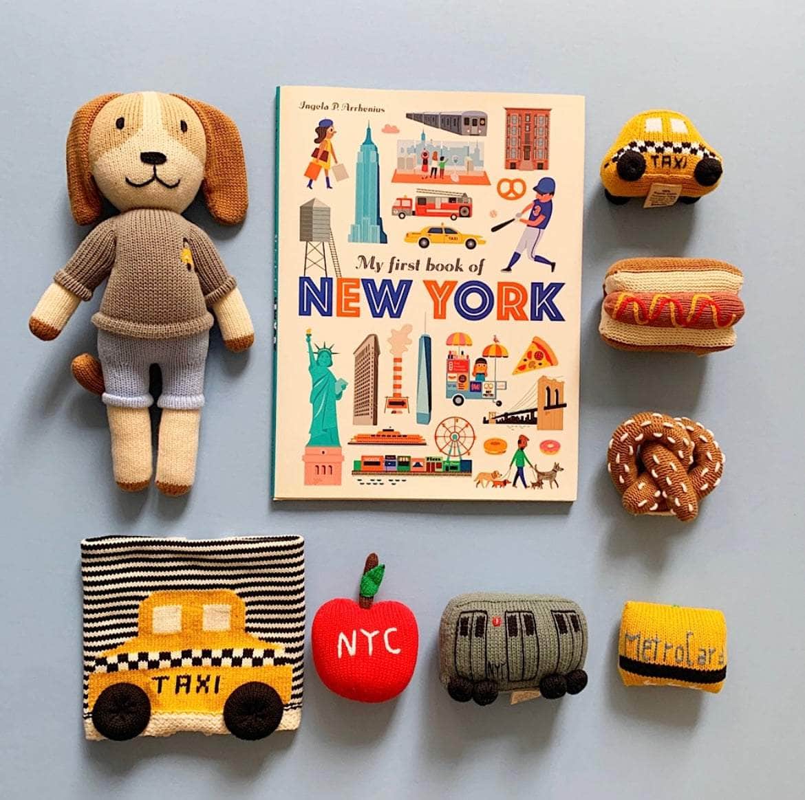 Organic Baby Gift Set | NYC Book, Doll, Lovey & 6 Rattles