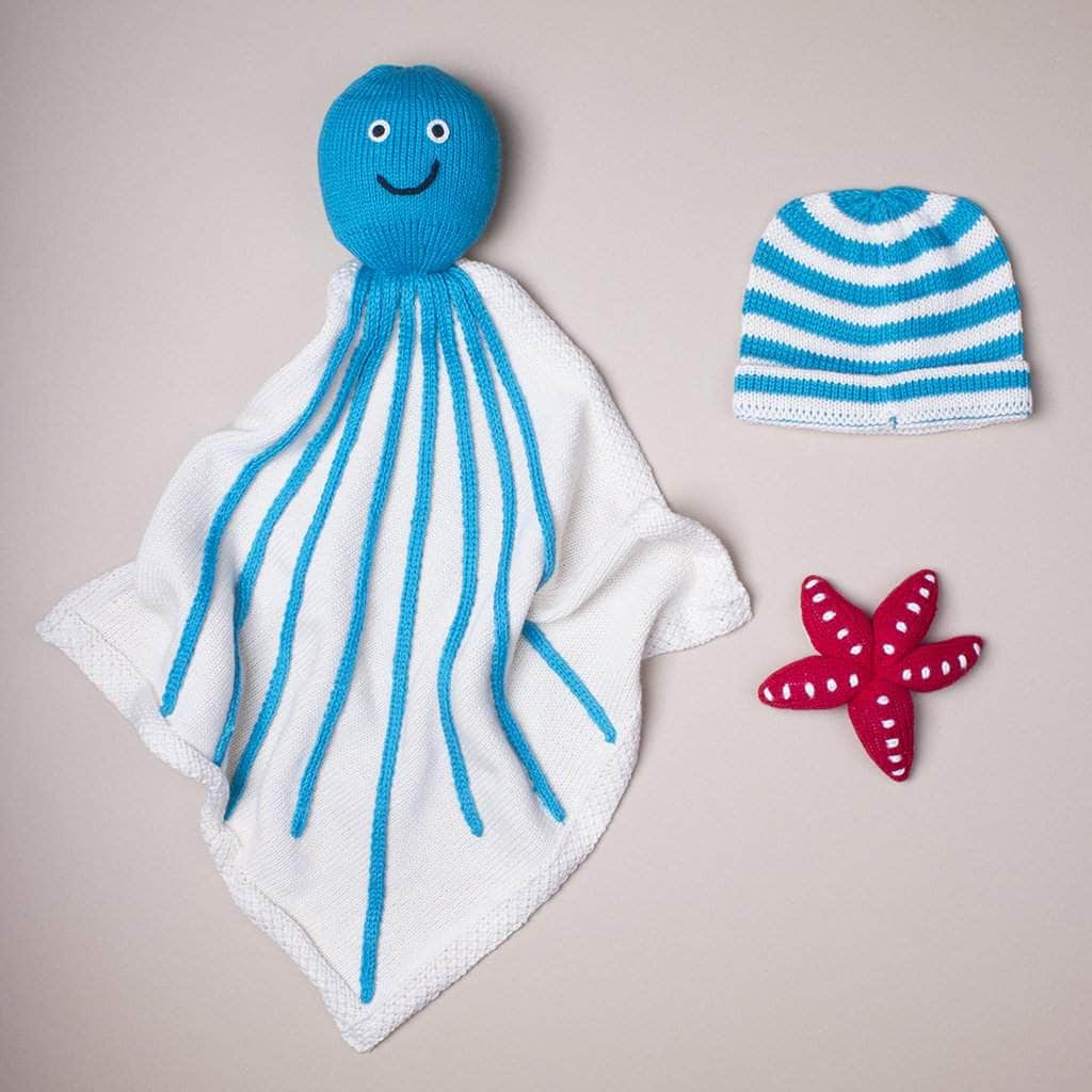 Organic Baby Gift Set - Octopus Security Blanket, Starfish Newborn Rattle & Hat