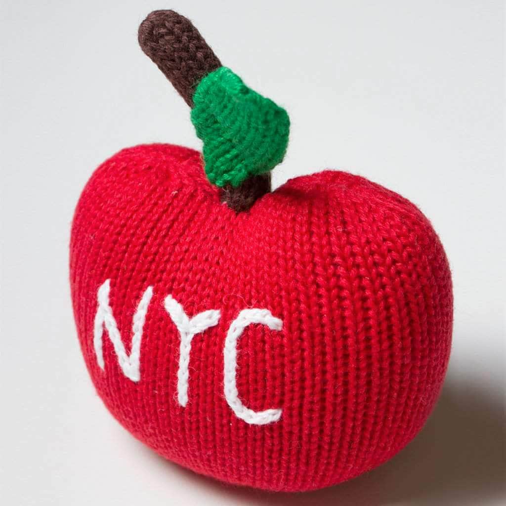 Organic Baby Gift Set - Sleeveless Hand Knit Newborn Romper, Apple Rattle Toy & Hat