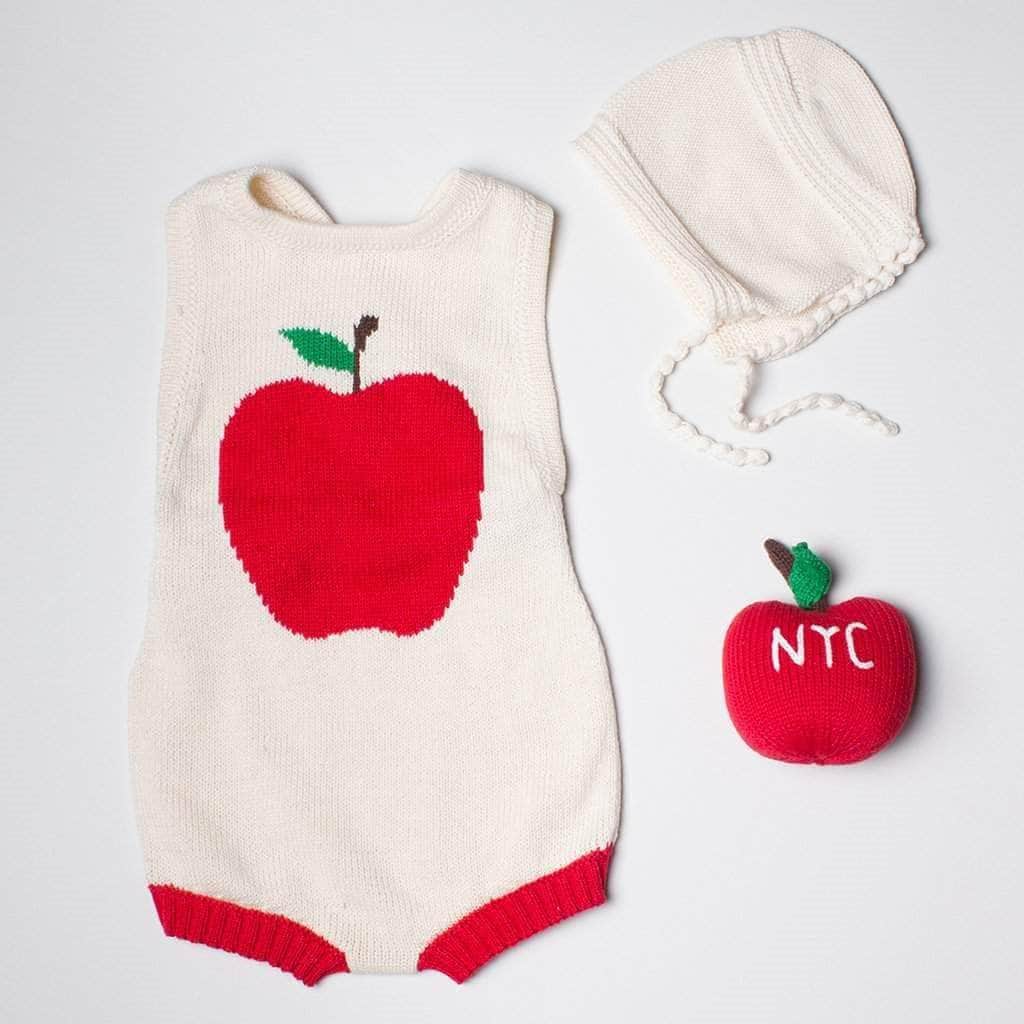 Organic Baby Gift Set - Sleeveless Hand Knit Newborn Romper, Apple Rattle Toy & Hat