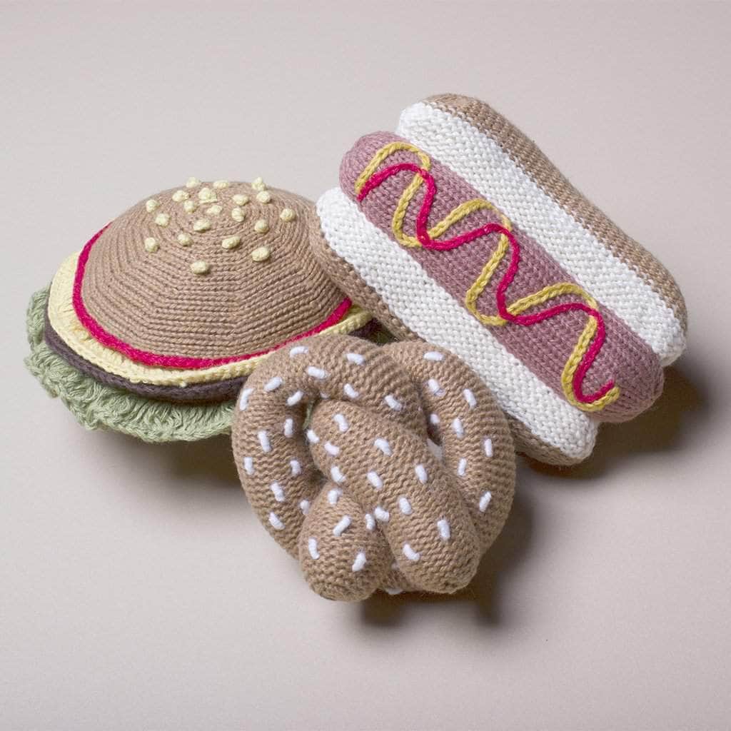 Organic Baby Gift Sets - Handmade Newborn Rattle Toys | Hotdog, Hamburger & Pretzel