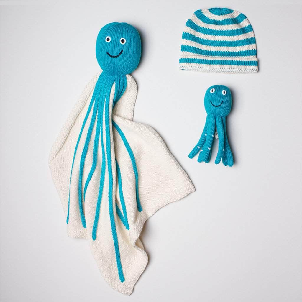Organic Baby Gift Sets - Newborn Lovey Blanket, Rattle Toy & Hat | Octopus