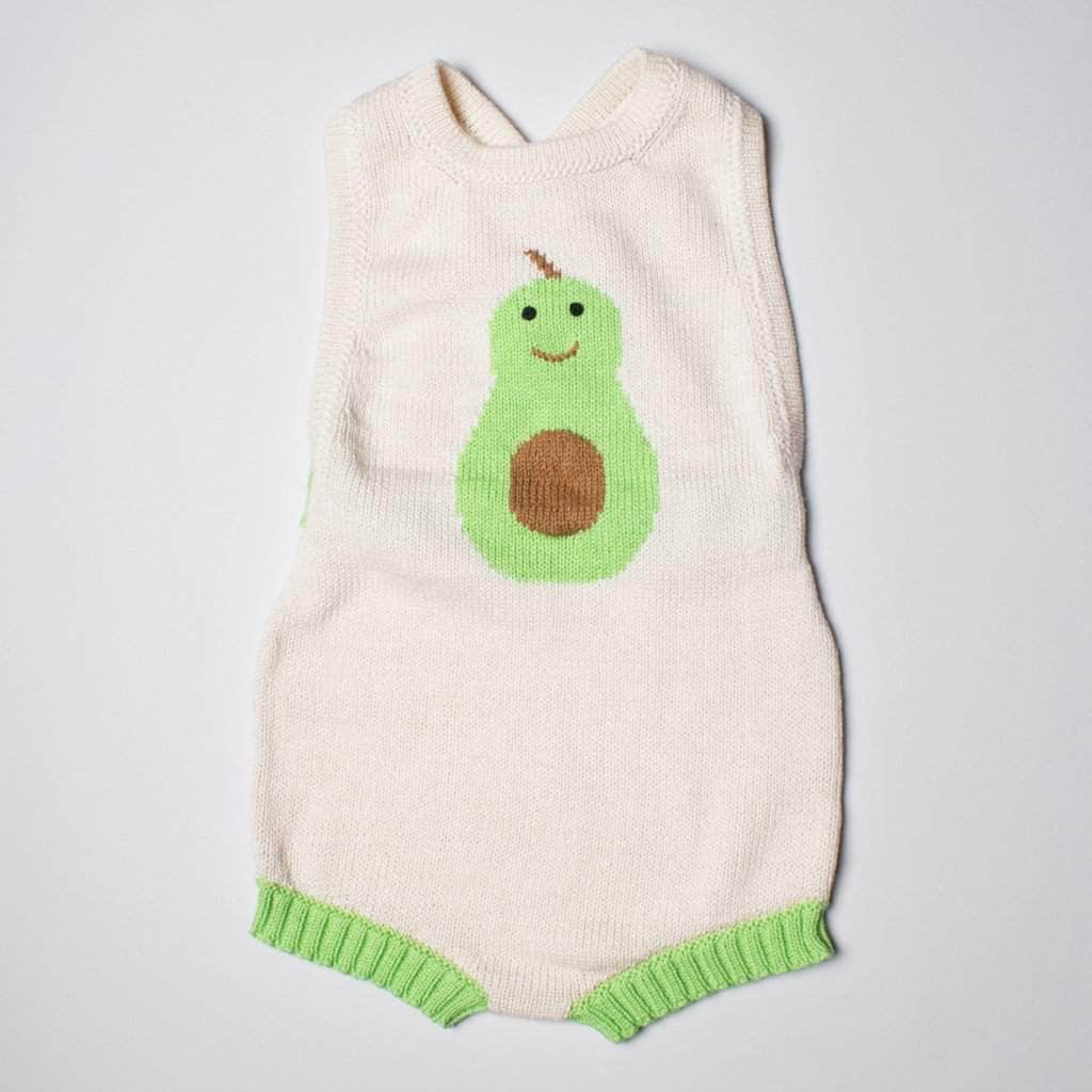 Organic Baby Gift Sets - Sleeveless Hand Knit Newborn Romper, Bonnet & Infant Rattle Toy | Avocado