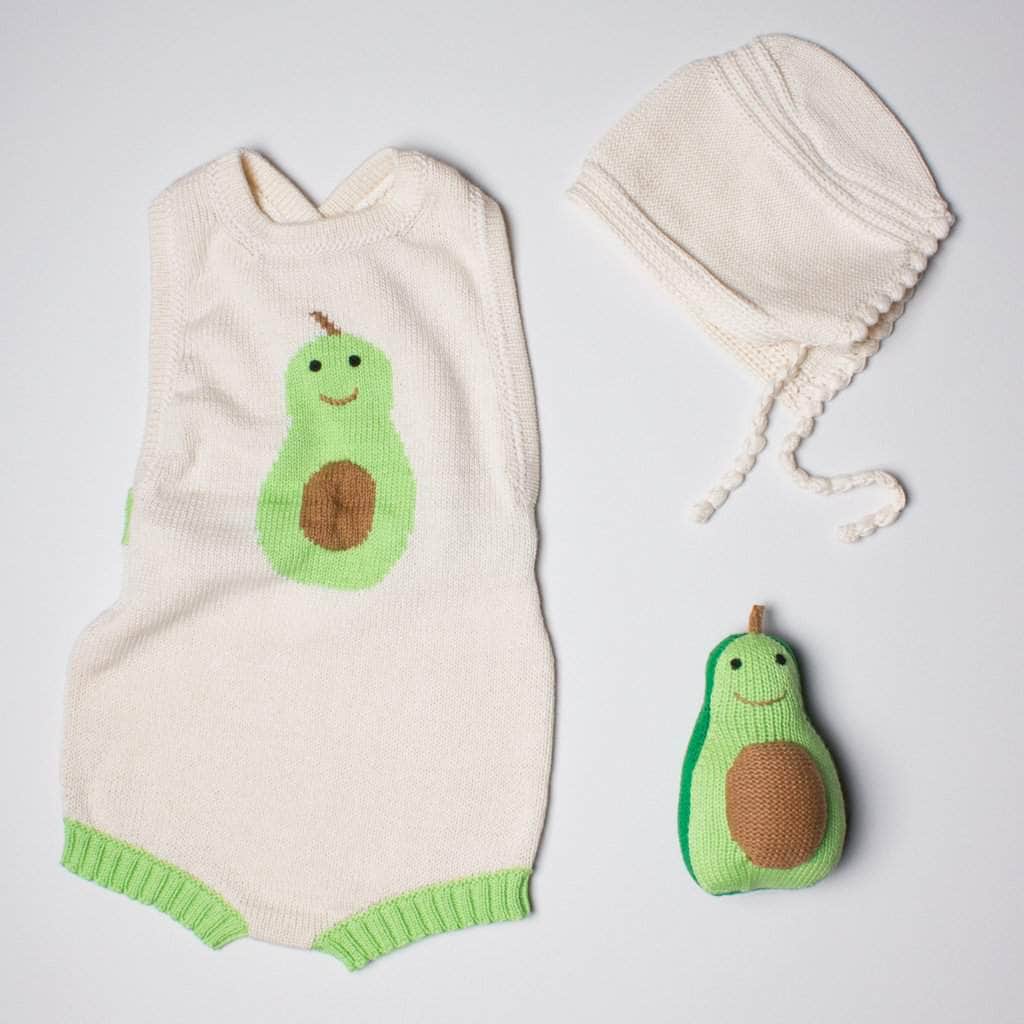 Organic Baby Gift Sets - Sleeveless Hand Knit Newborn Romper, Bonnet & Infant Rattle Toy | Avocado