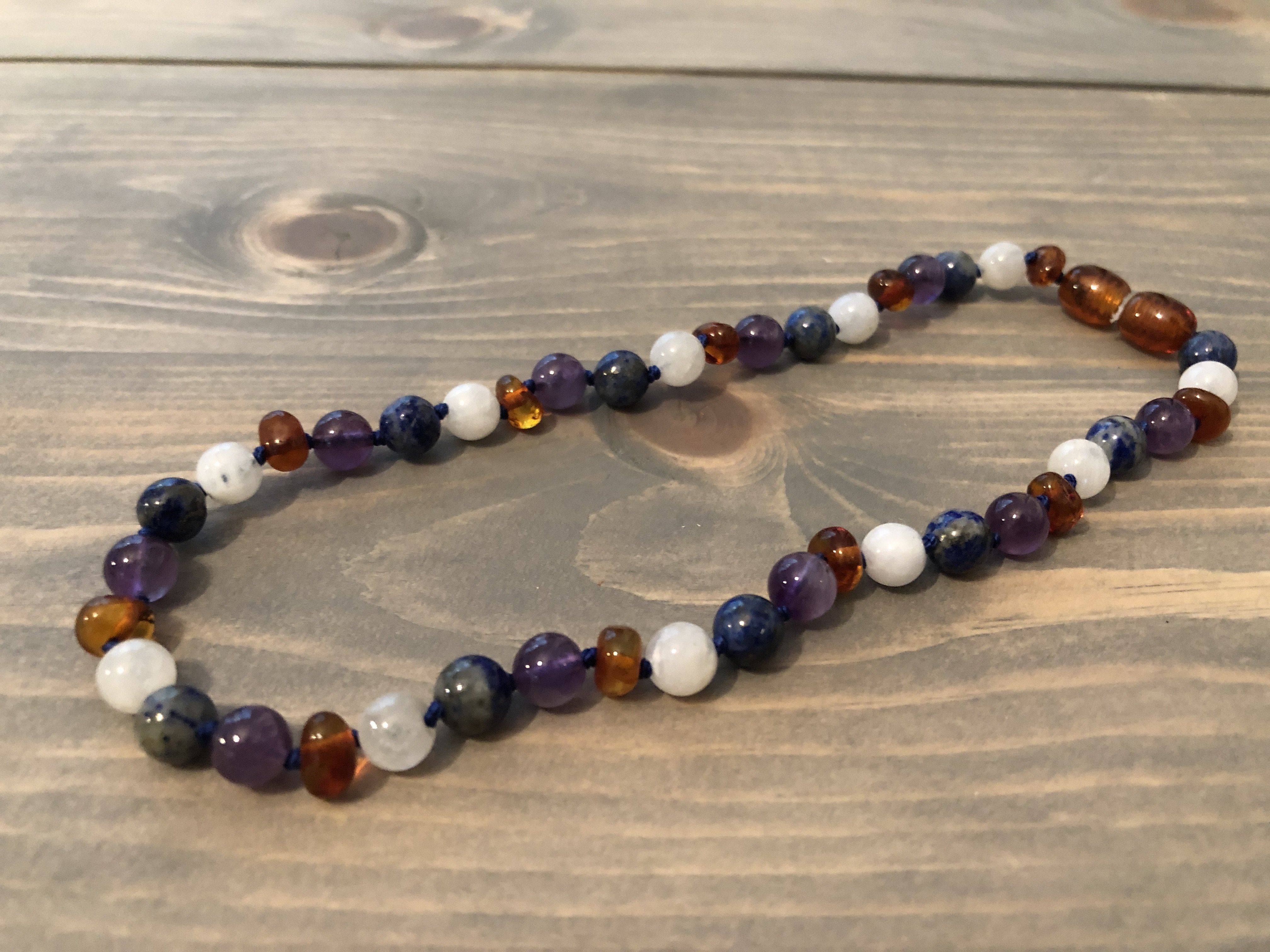 11 or 12.5 inch Baltic Amber Necklace Dark Amber Amethyst Lapis Moonstone
