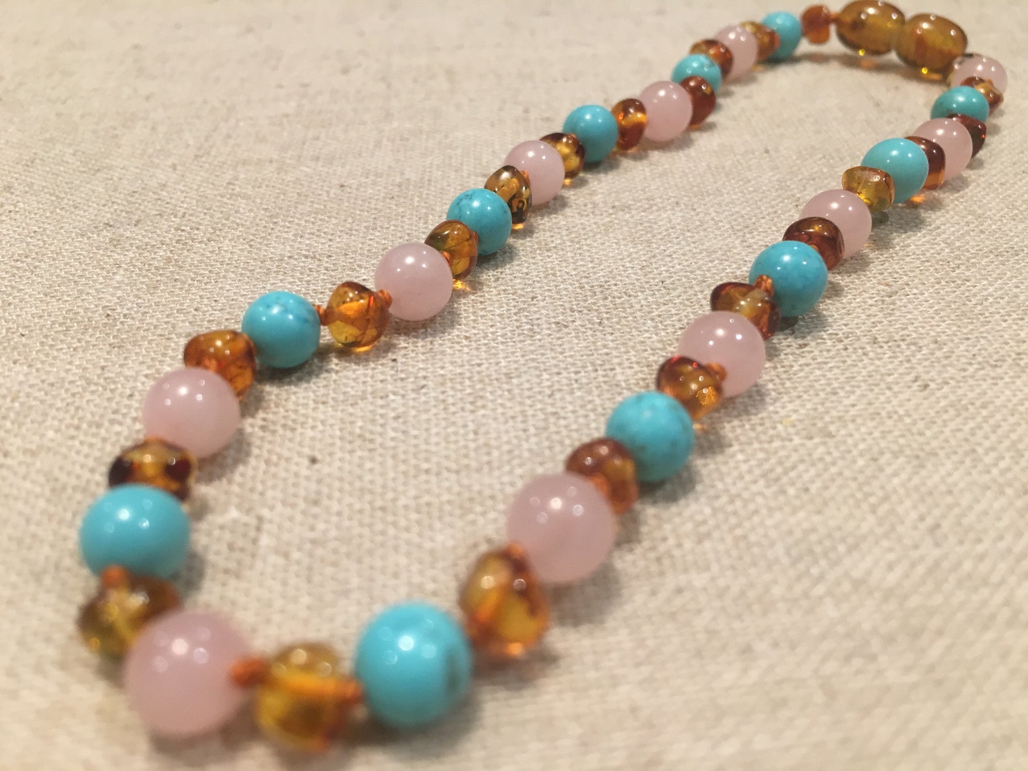 11 or 12.5 Baltic Amber Necklace Rainbow Polished Honey Pink Quartz Turquoise