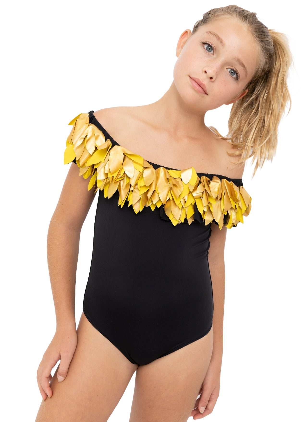 Black Swimsuit with Gold Petals