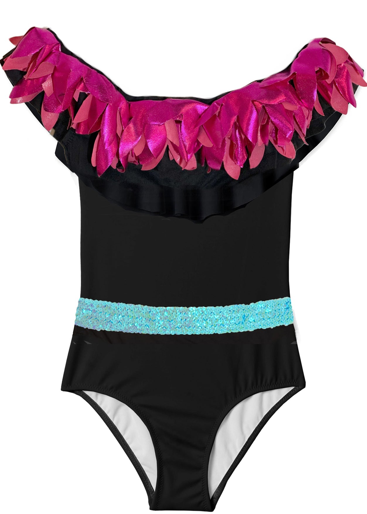 Black Swimsuit with Metallic Pink Petals & Aqua Sequin Belt