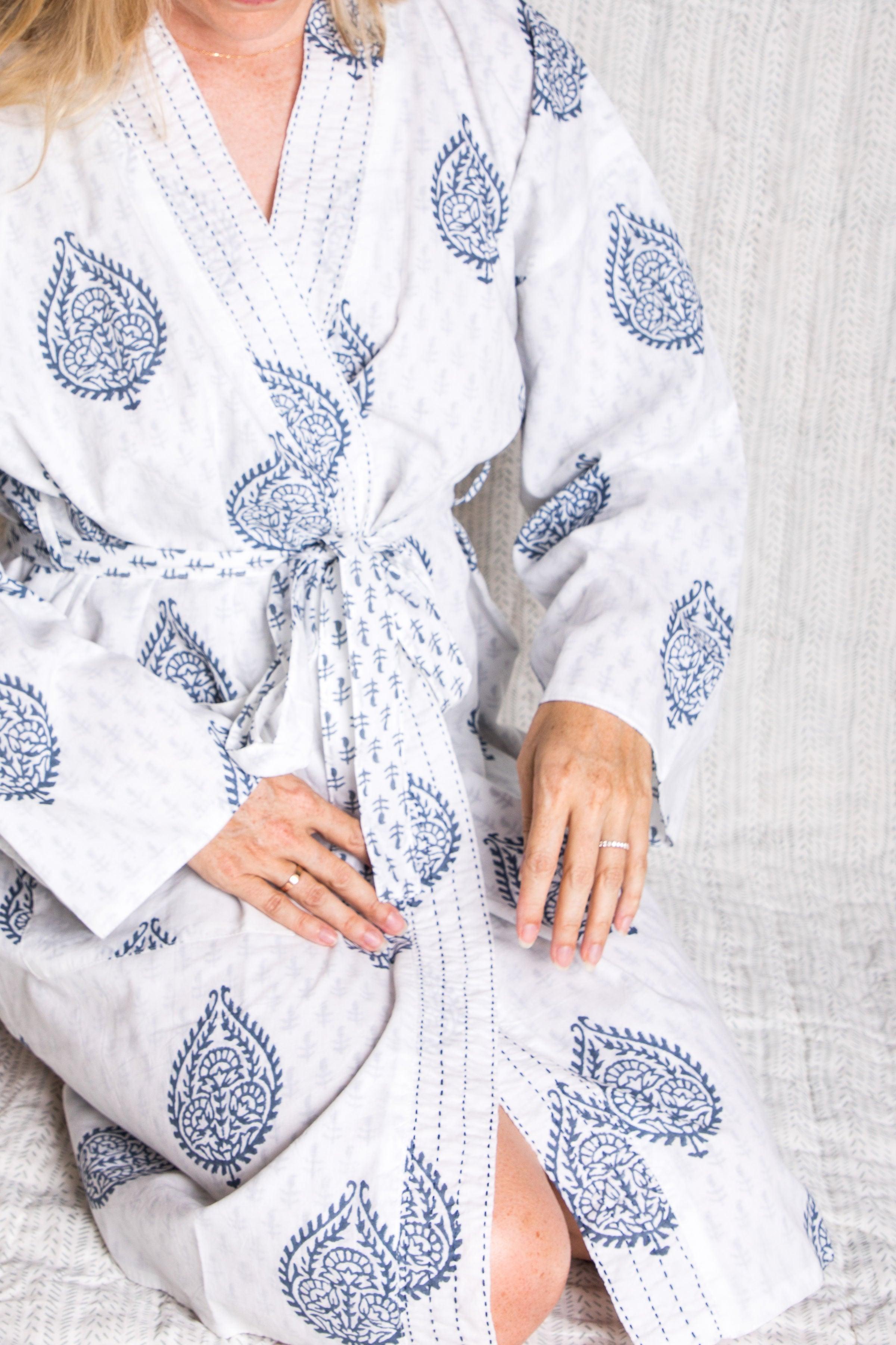 Block Printed Reversible Blue Robe - Fort - Why and Whale