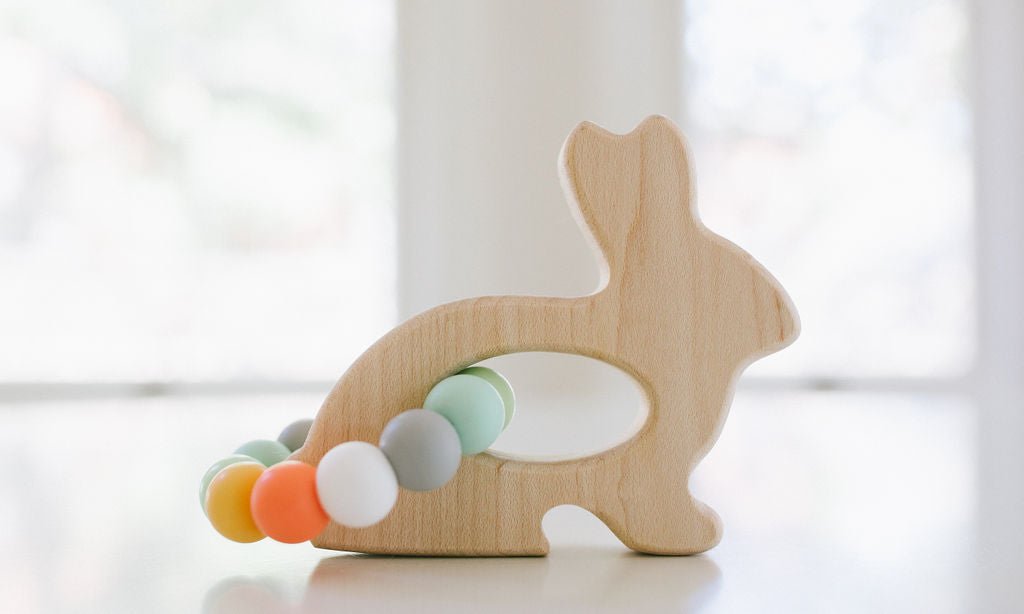 Bunny Wooden Grasping Toy with Teething Beads