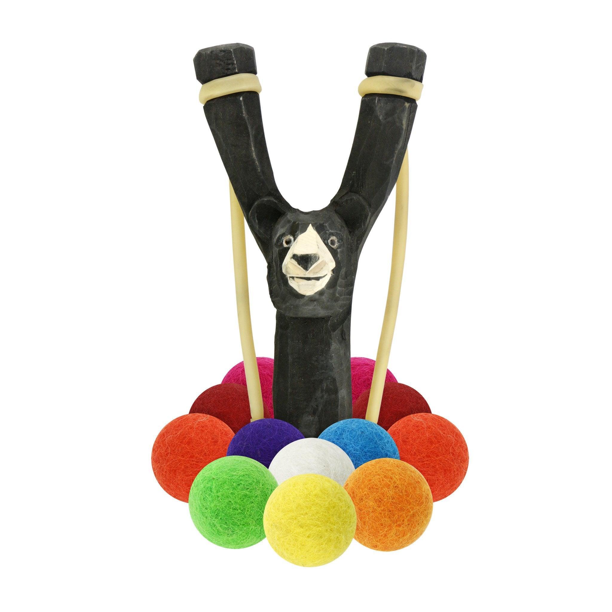 Carved Wooden Bear Slingshot + Felt Balls - Why and Whale