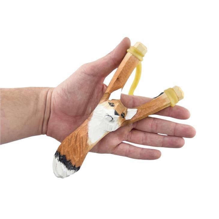 Carved Wooden Fox Slingshot + Felt Balls - Why and Whale
