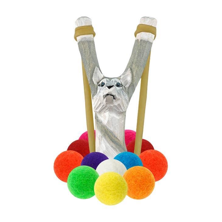Carved Wooden Wolf Slingshot + Felt Balls - Why and Whale