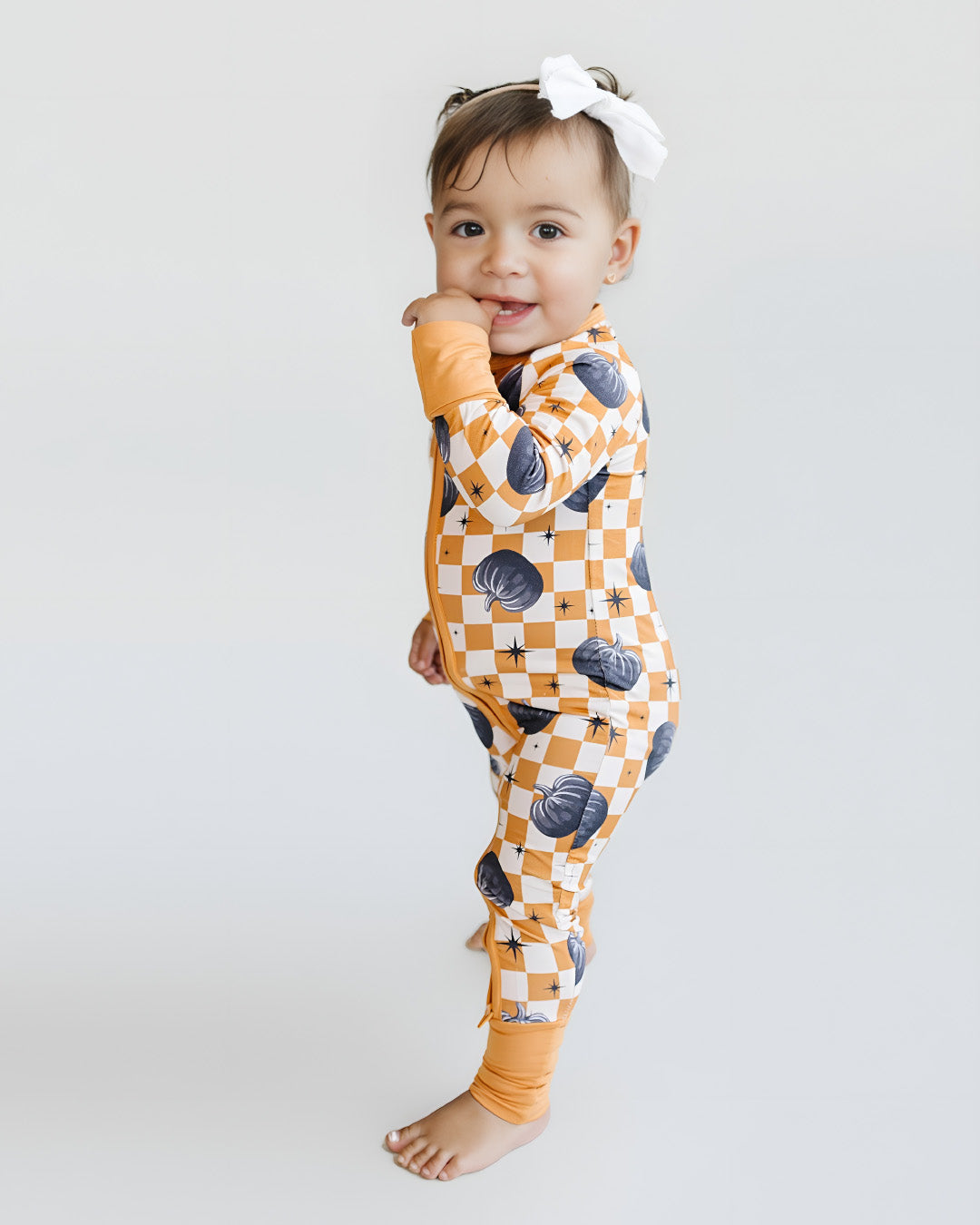 Bamboo Zip Romper | Checkered Pumpkin