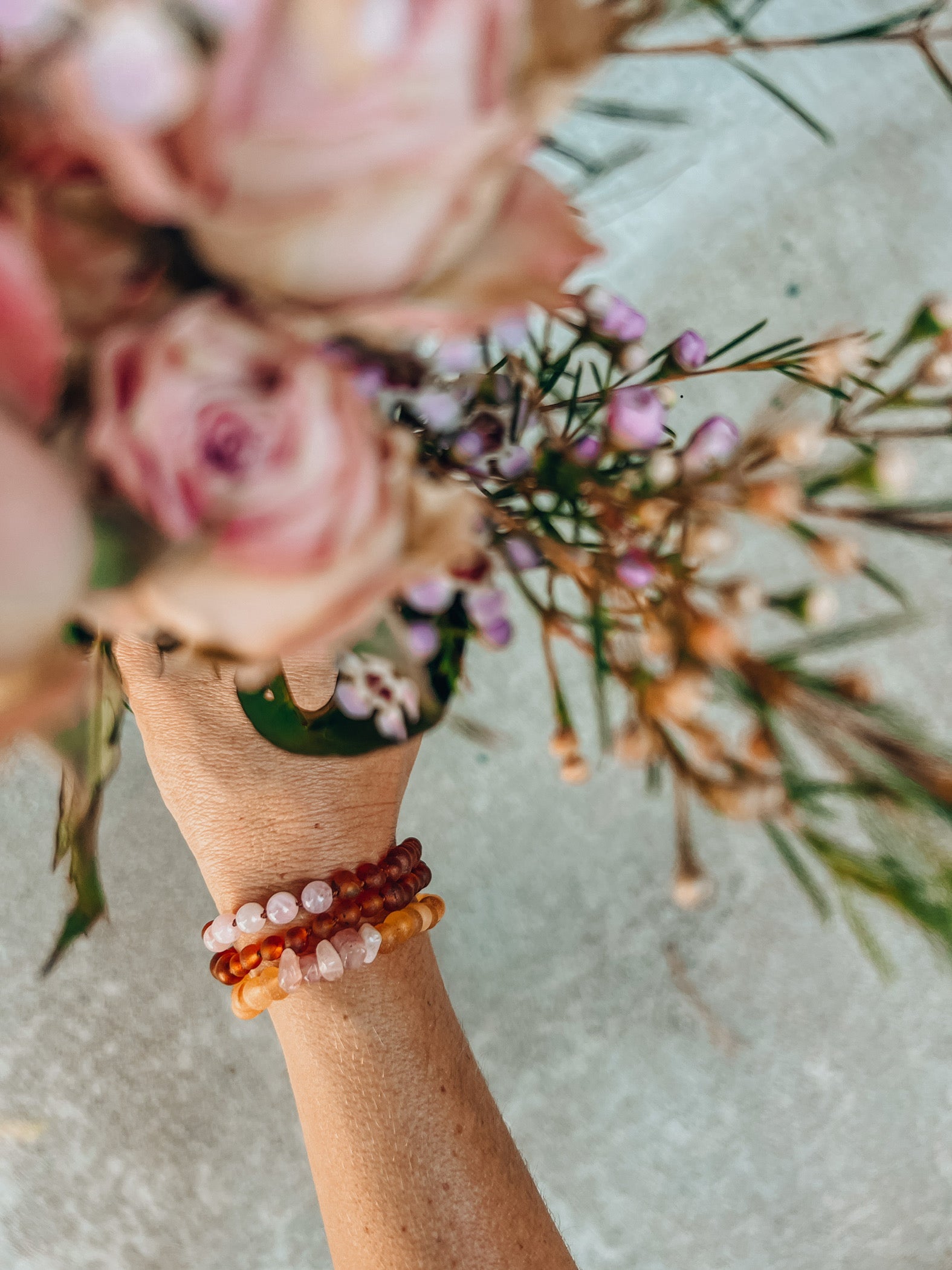 Raw Honey Baltic Amber + Raw Rose Quartz || Anklet or Bracelet