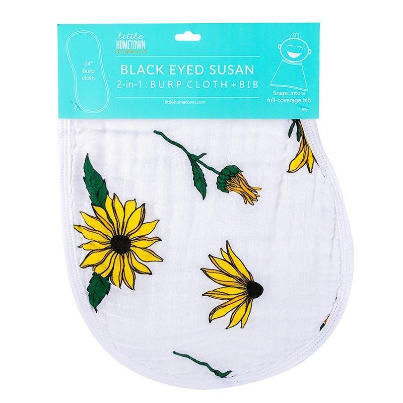 Gift Set: Black Eyed Susan Muslin Swaddle Baby Blanket and Burp Cloth/Bib Combo