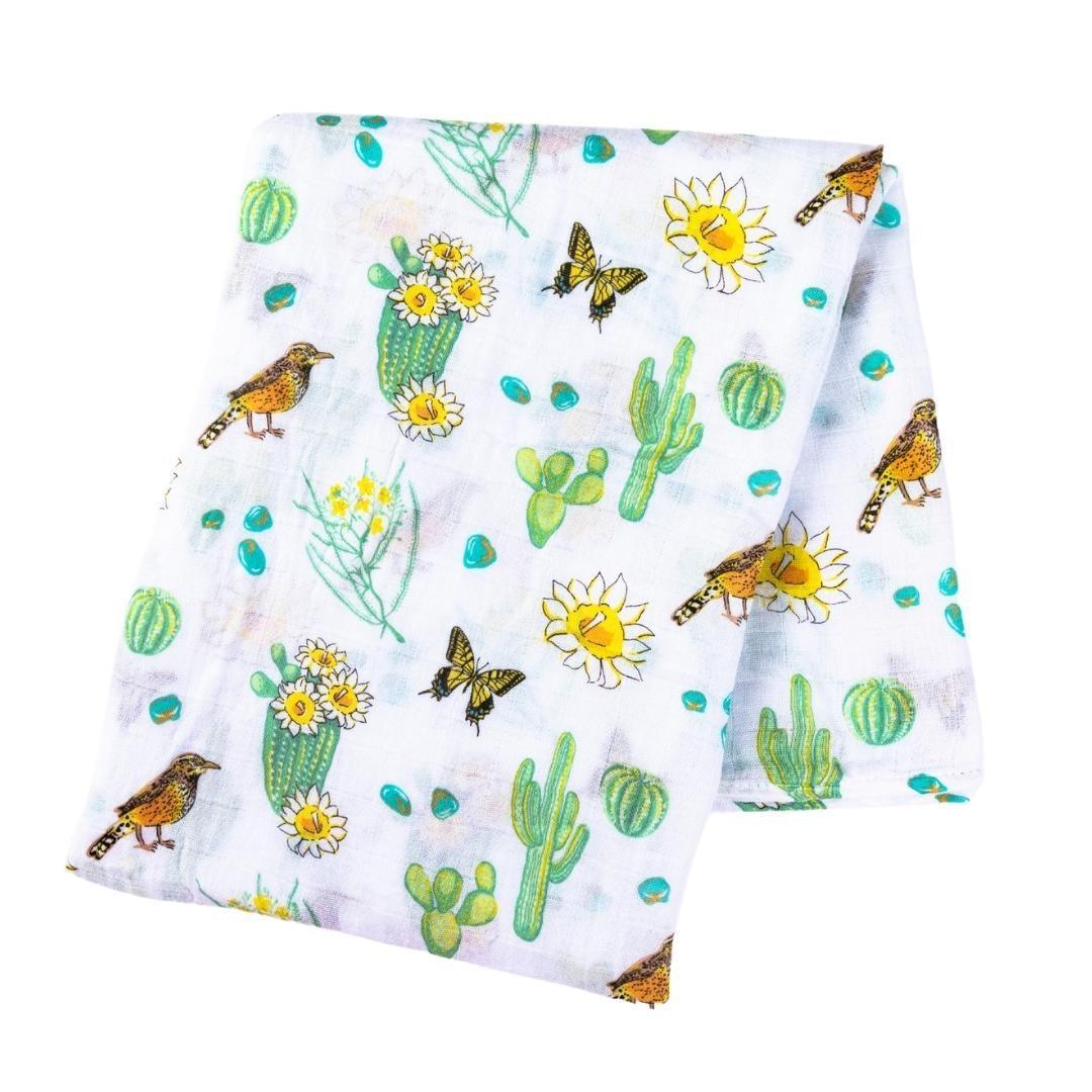 Gift Set: Cactus Blossom Baby Muslin Swaddle Blanket and Burp/Bib Combo