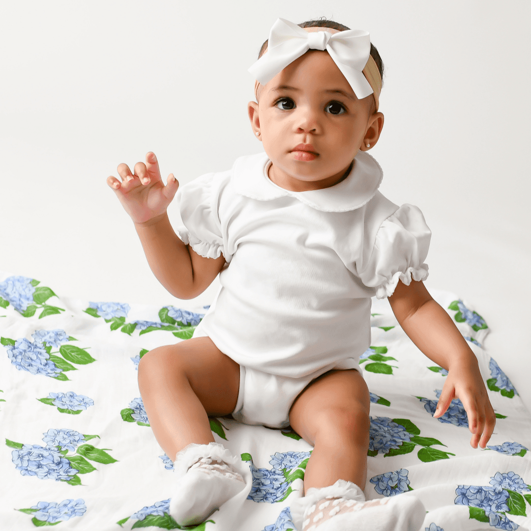 Gift Set: Hydrangeas Baby Muslin Swaddle Blanket and Burp Cloth/Bib Combo