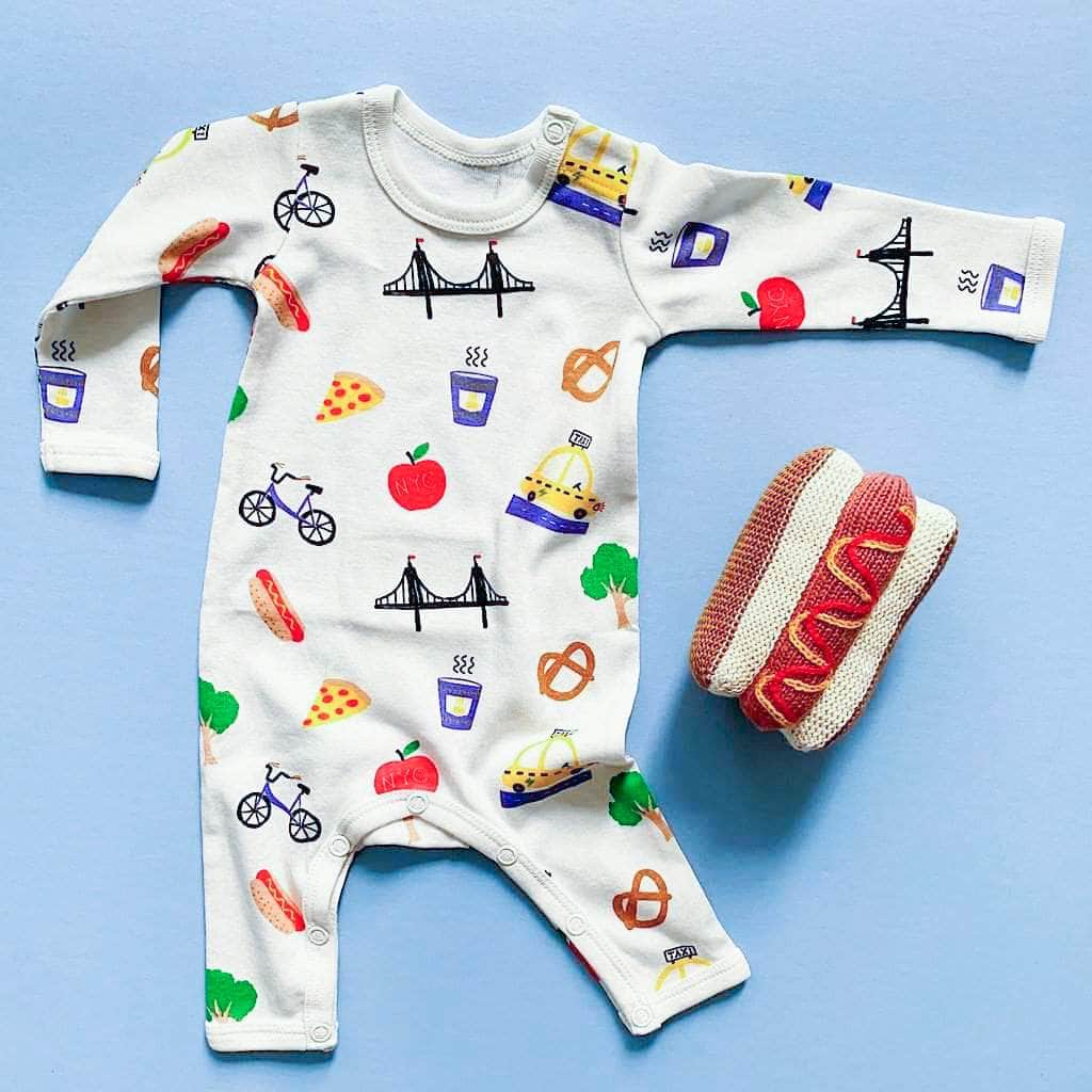 Organic Baby Gift Set - New York Onesie & Hot dog Rattle Toy