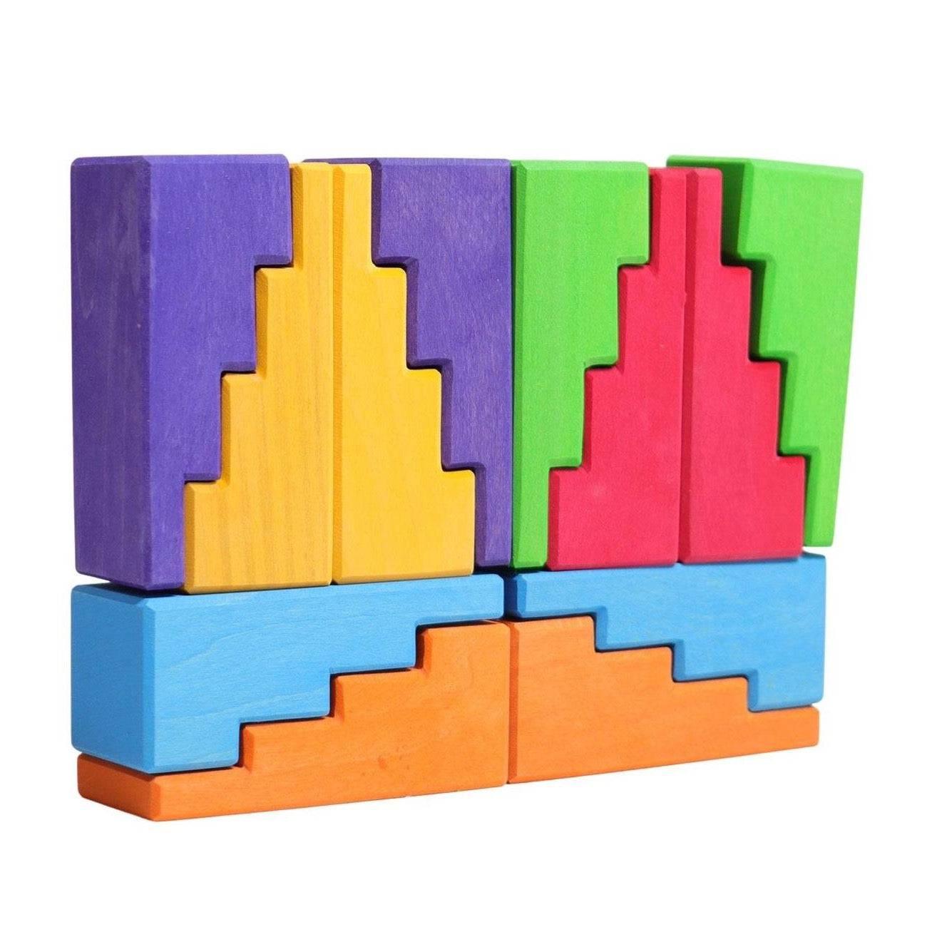 Grimm's Wooden Stepped Roofs Building Blocks Set - Rainbow - Why and Whale