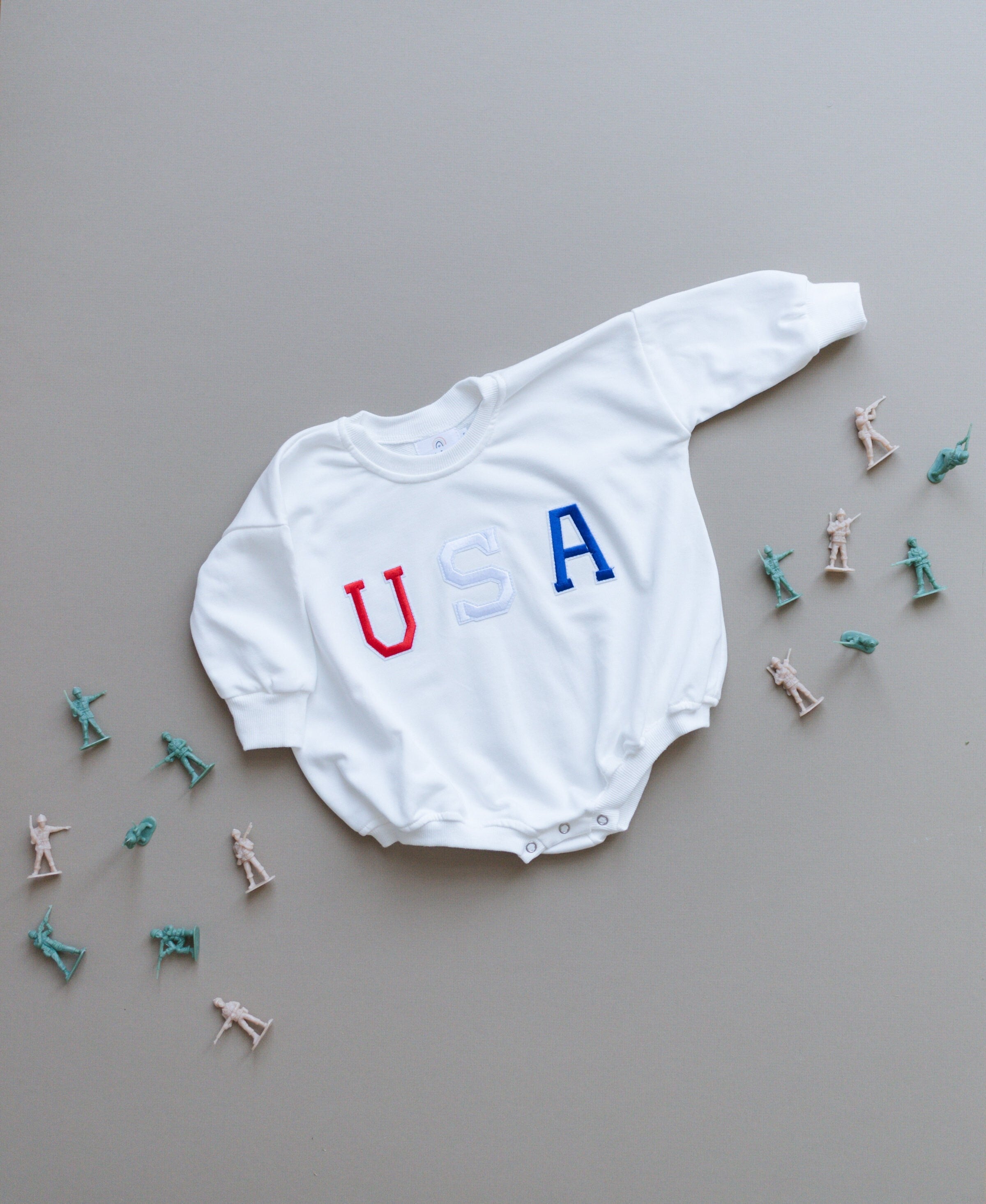 USA Applique Graphic Oversized Sweatshirt Romper - 4th of July Outfit - Patriotic Bubble Romper - Baby Girl Clothes - Baby Boy Outfit