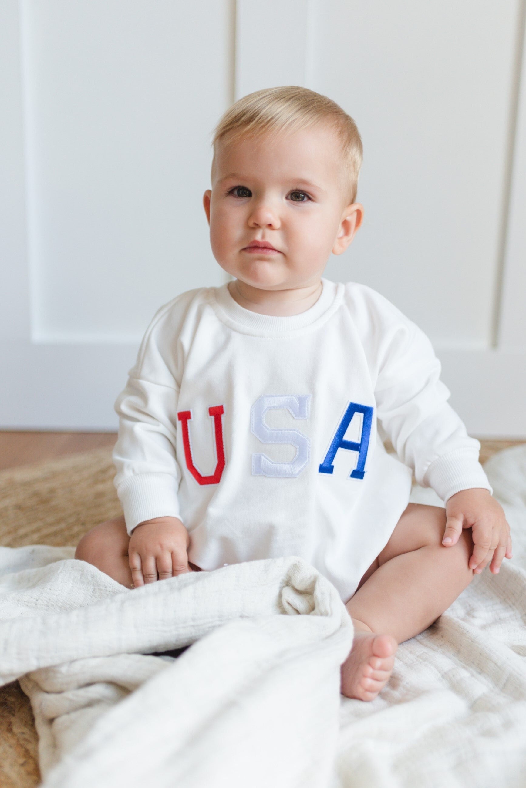 USA Applique Graphic Oversized Sweatshirt Romper - 4th of July Outfit - Patriotic Bubble Romper - Baby Girl Clothes - Baby Boy Outfit