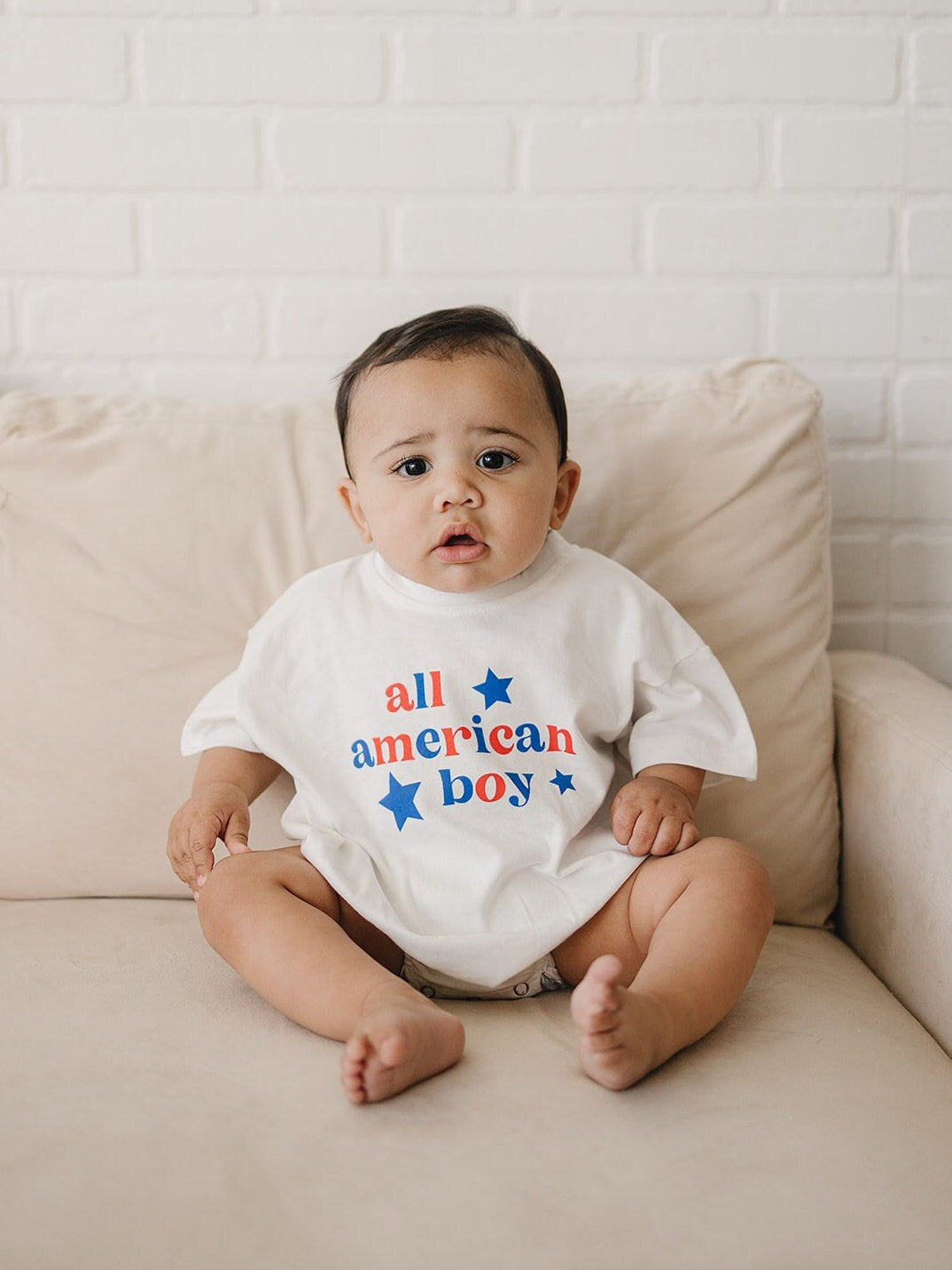 All American Boy Graphic Oversized T-Shirt Romper - Baby Boy Bubble Romper - 4th of July Outfit - Red, White & Blue Patriotic Shirt - USA