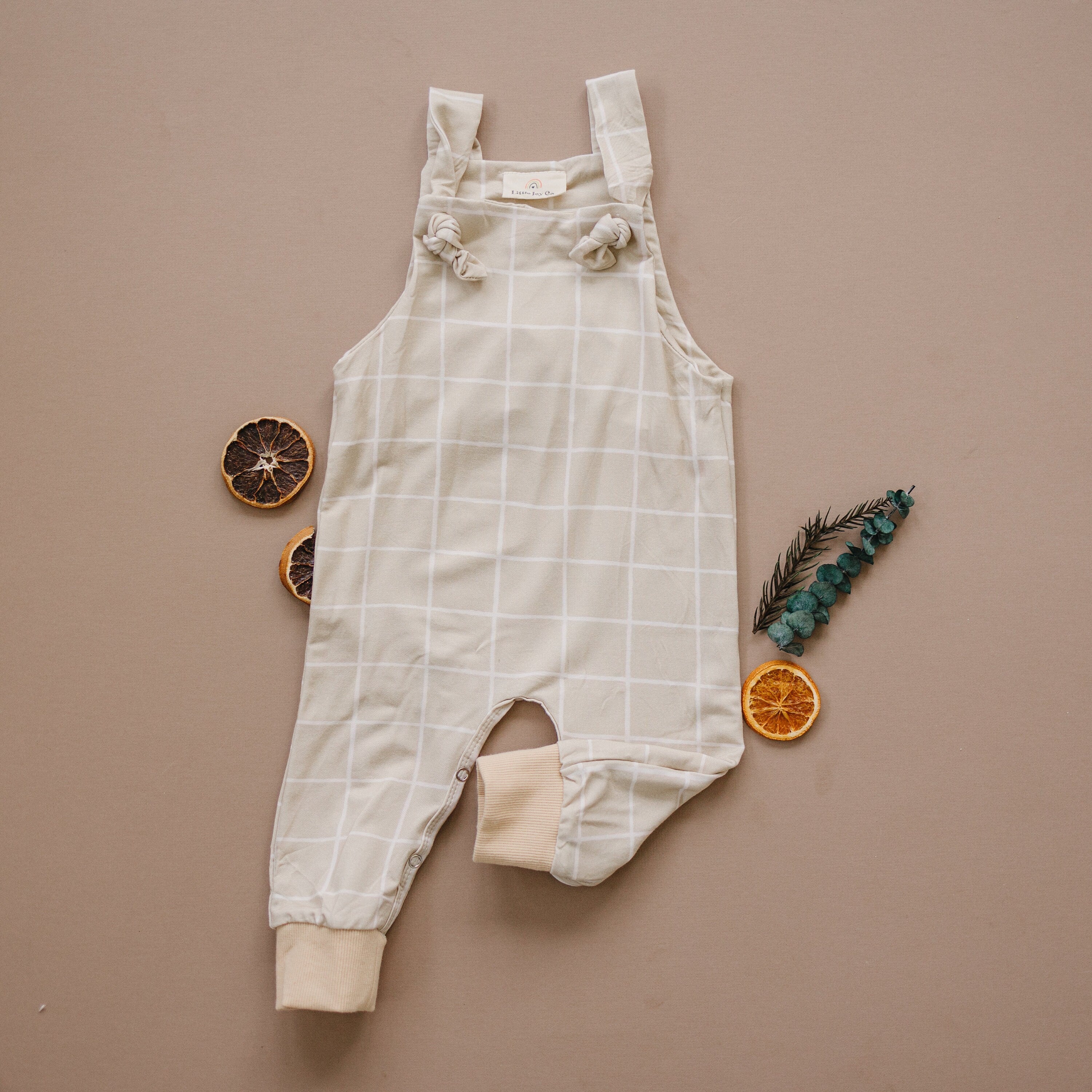 Neutral Plaid Bamboo Knotted Overalls