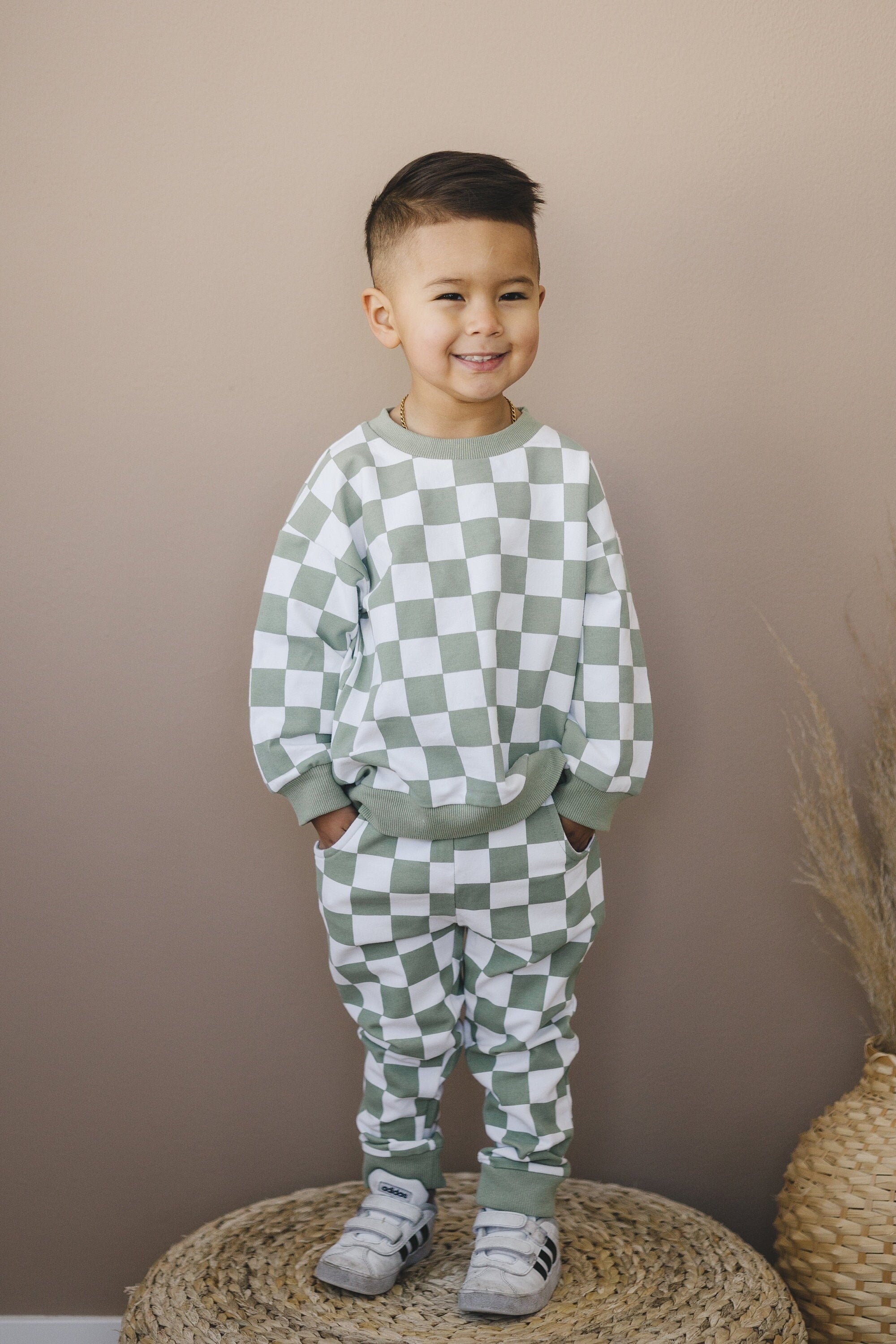 Organic Cotton Checkered Baby & Toddler Jogger - 2pc Sweatsuit Set - Boy Girl - Baby Sweatshirt Pants - Jogger Set - Neutral Crewneck Crew