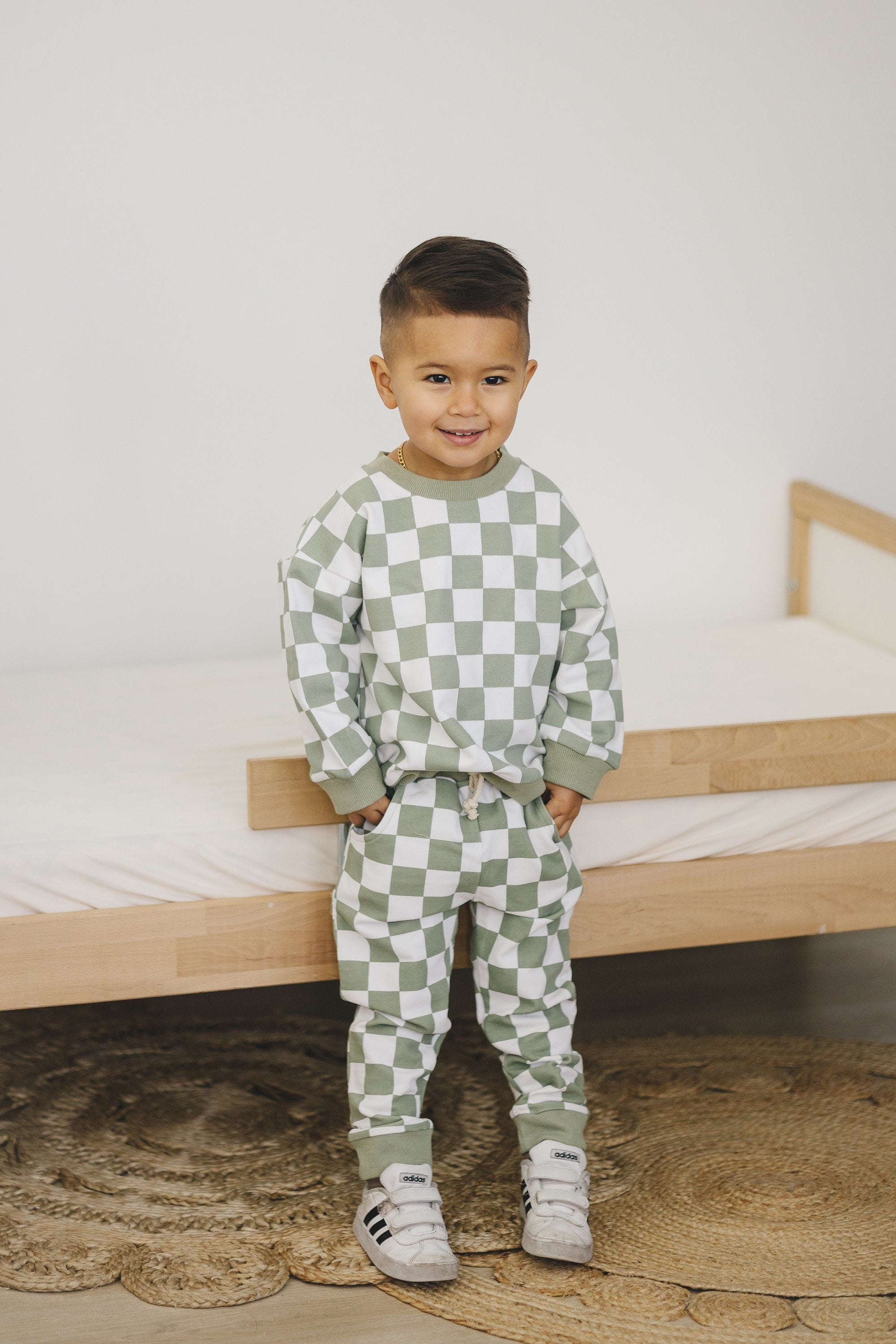 Organic Cotton Checkered Baby & Toddler Jogger - 2pc Sweatsuit Set - Boy Girl - Baby Sweatshirt Pants - Jogger Set - Neutral Crewneck Crew