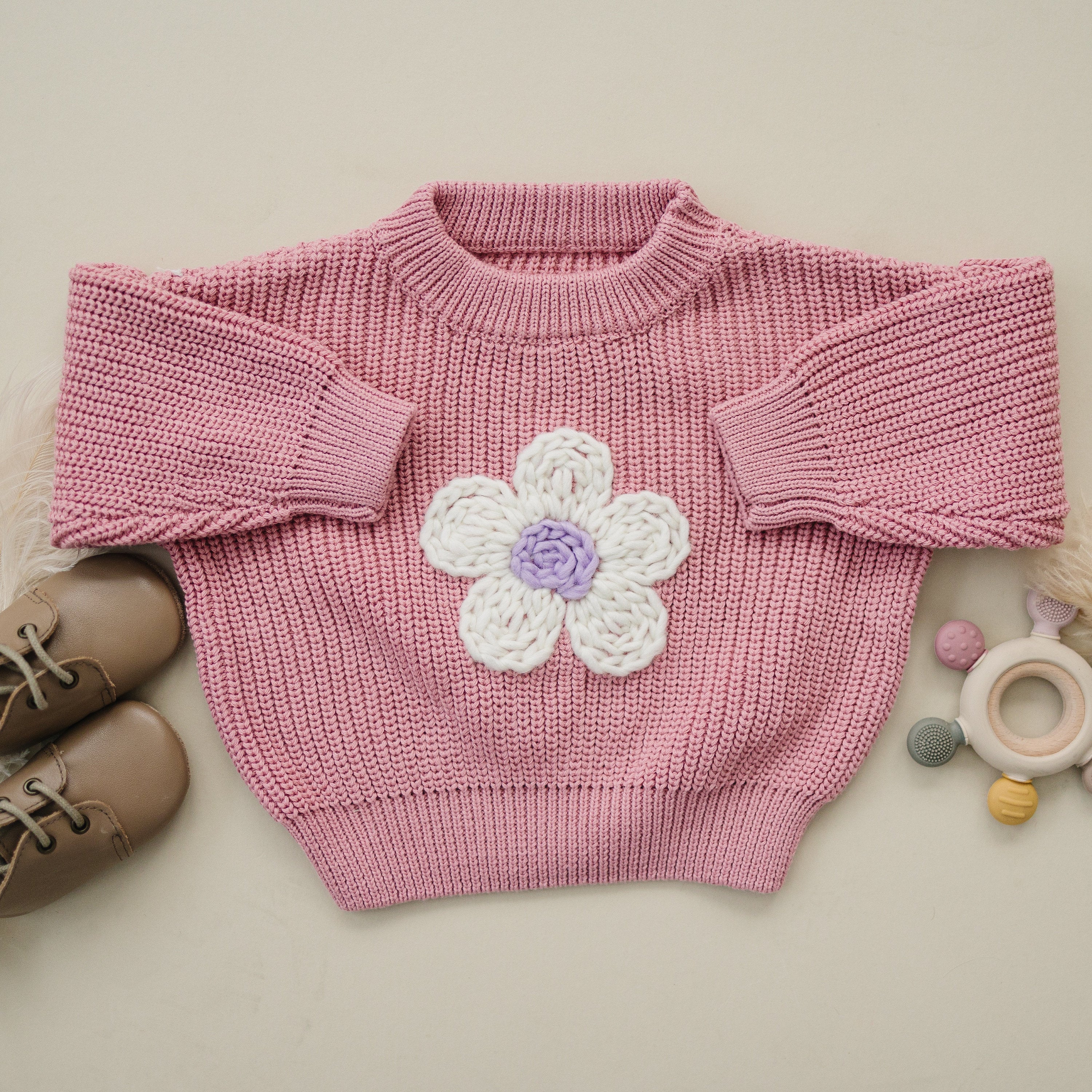 Pink Daisy Hand Embroidered Chunky Knit Sweater for Babies & Toddlers - Flower Embroidered Baby Sweater - Baby Girl Toddler Floral Top