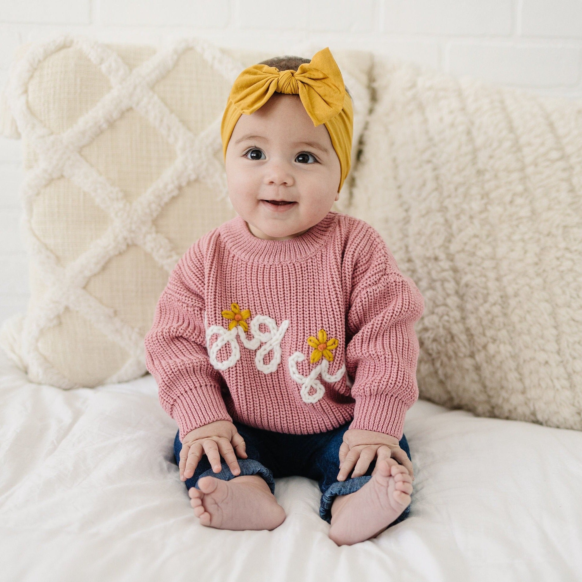 Big Sis Hand Embroidered Chunky Knit Sweater for Babies & Toddlers - Sister Embroidered Baby Sweater - Pregnancy Announcement Shirt