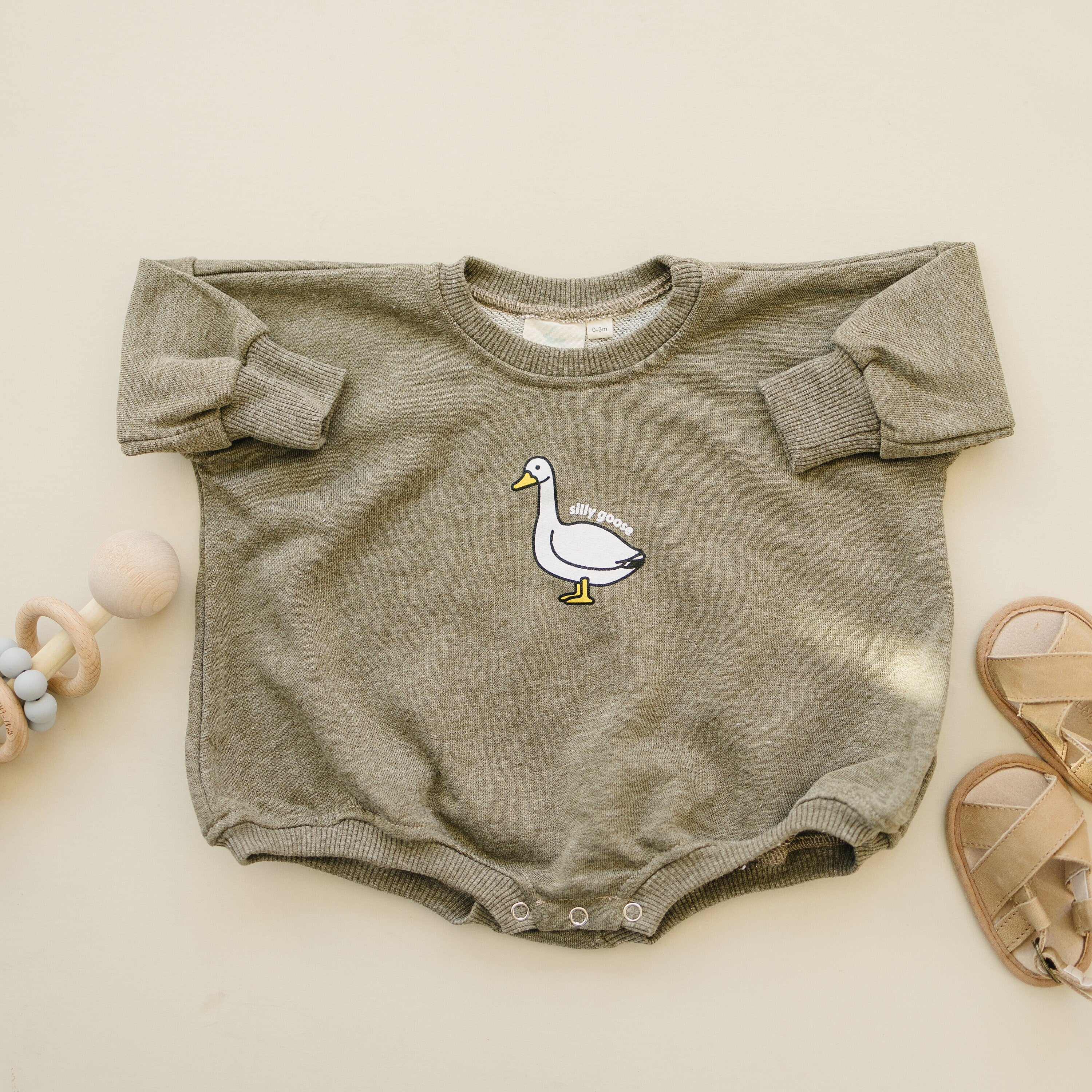 Silly Goose Oversized Sweatshirt Romper - Neutral Baby Bubble Romper - Baby Boy Outfit - Baby Girl Clothes - Blue Taupe - Geese Duck