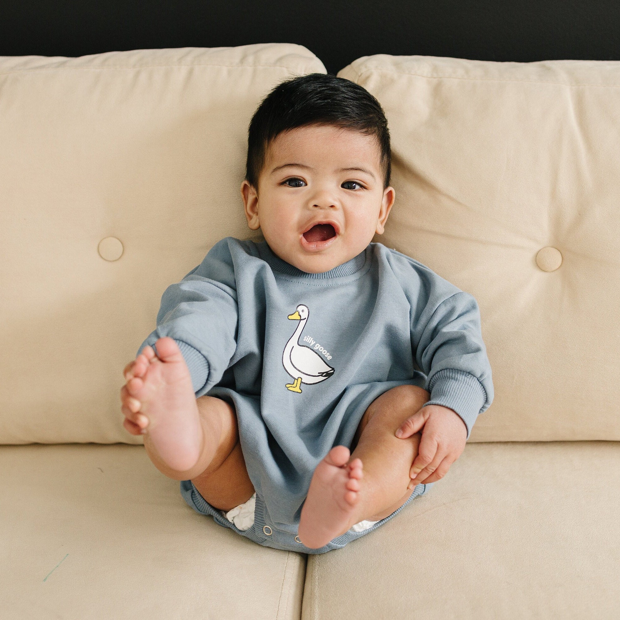 Silly Goose Oversized Sweatshirt Romper - Neutral Baby Bubble Romper - Baby Boy Outfit - Baby Girl Clothes - Blue Taupe - Geese Duck