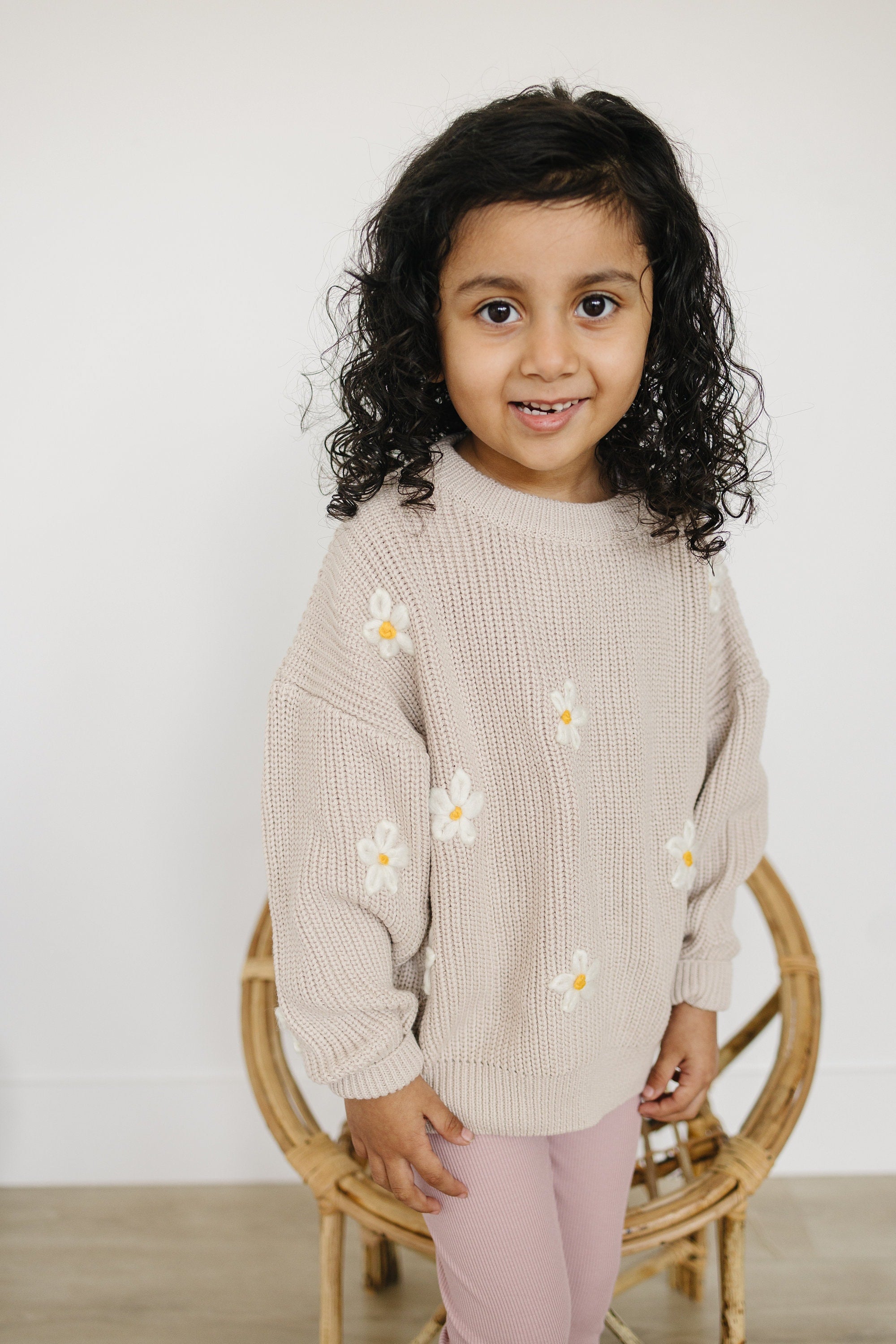 Neutral Daisy Hand Embroidered Chunky Knit Sweater for Babies & Toddlers - Flower Embroidered Baby Sweater - Baby Girl Toddler Floral Top