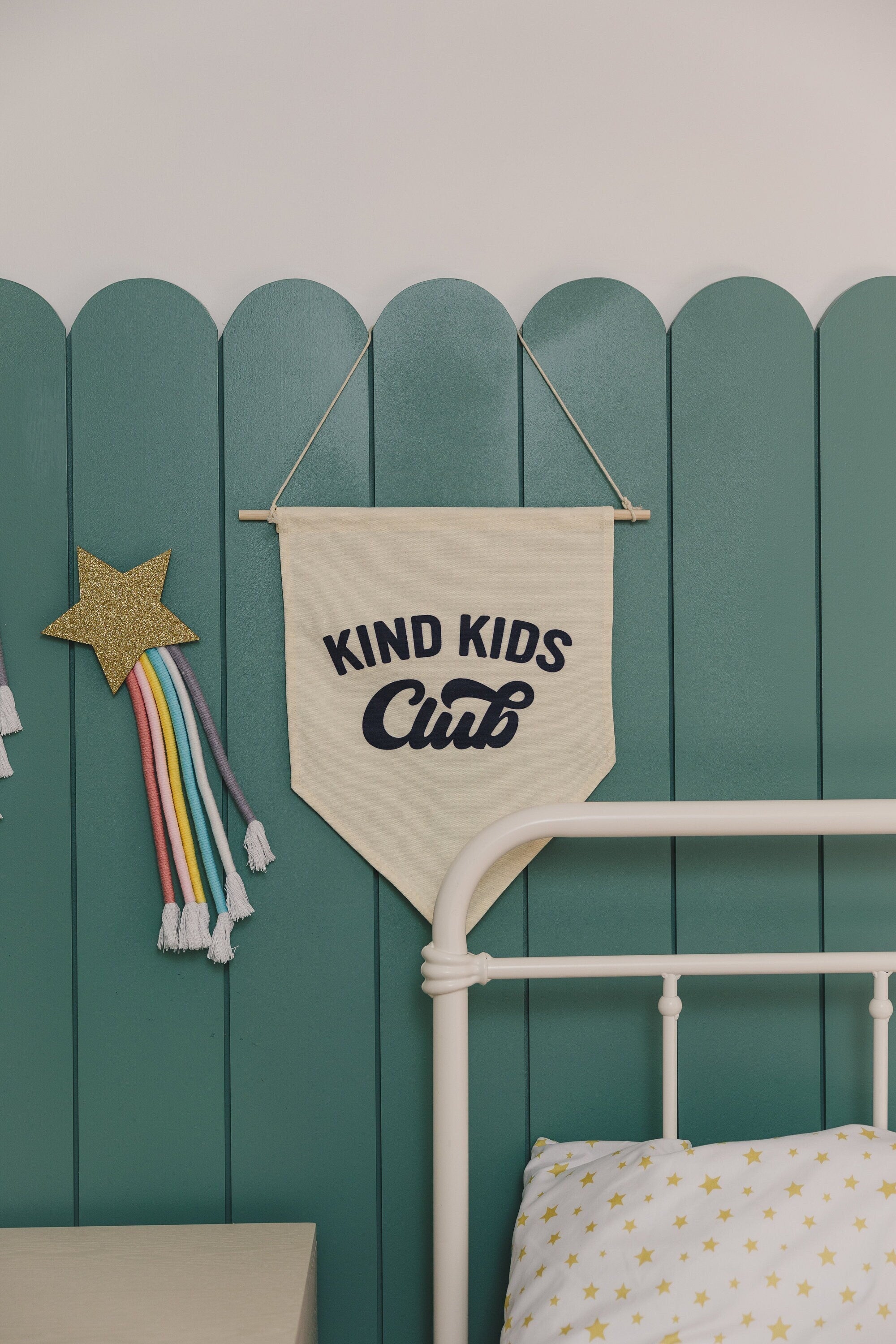 KIND KIDS CLUB Hanging Canvas Pennant - Natural Canvas Banner - Baby Boy Nursery Decor - Girls or Boys Playroom Flag - Kids Play Room Decor