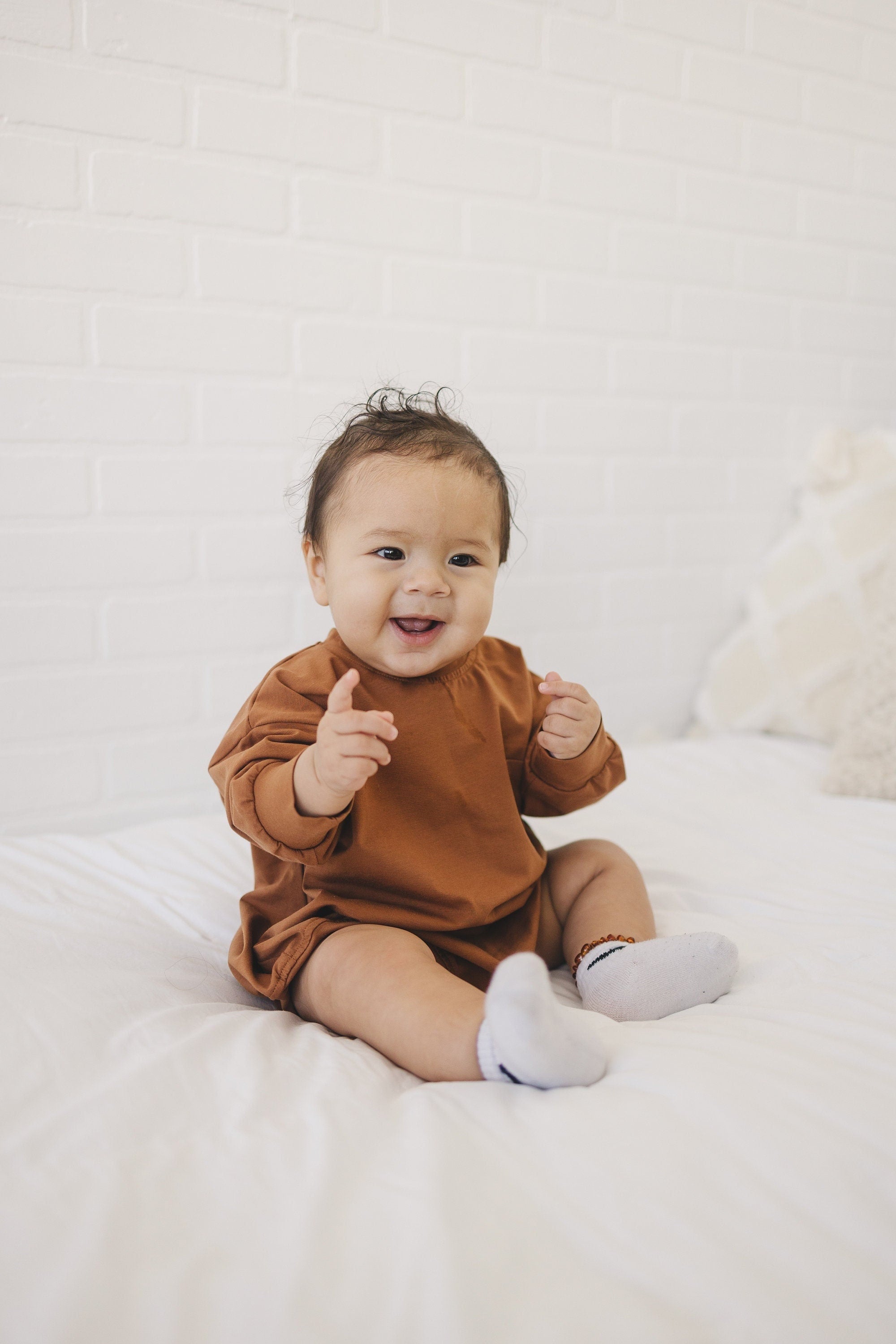 Long-Sleeved Oversized Pocket Tee Romper - LS T-Shirt Romper - Baby Bubble Romper - Spring Winter Baby Clothes - Baby Boy Outfit - Brown