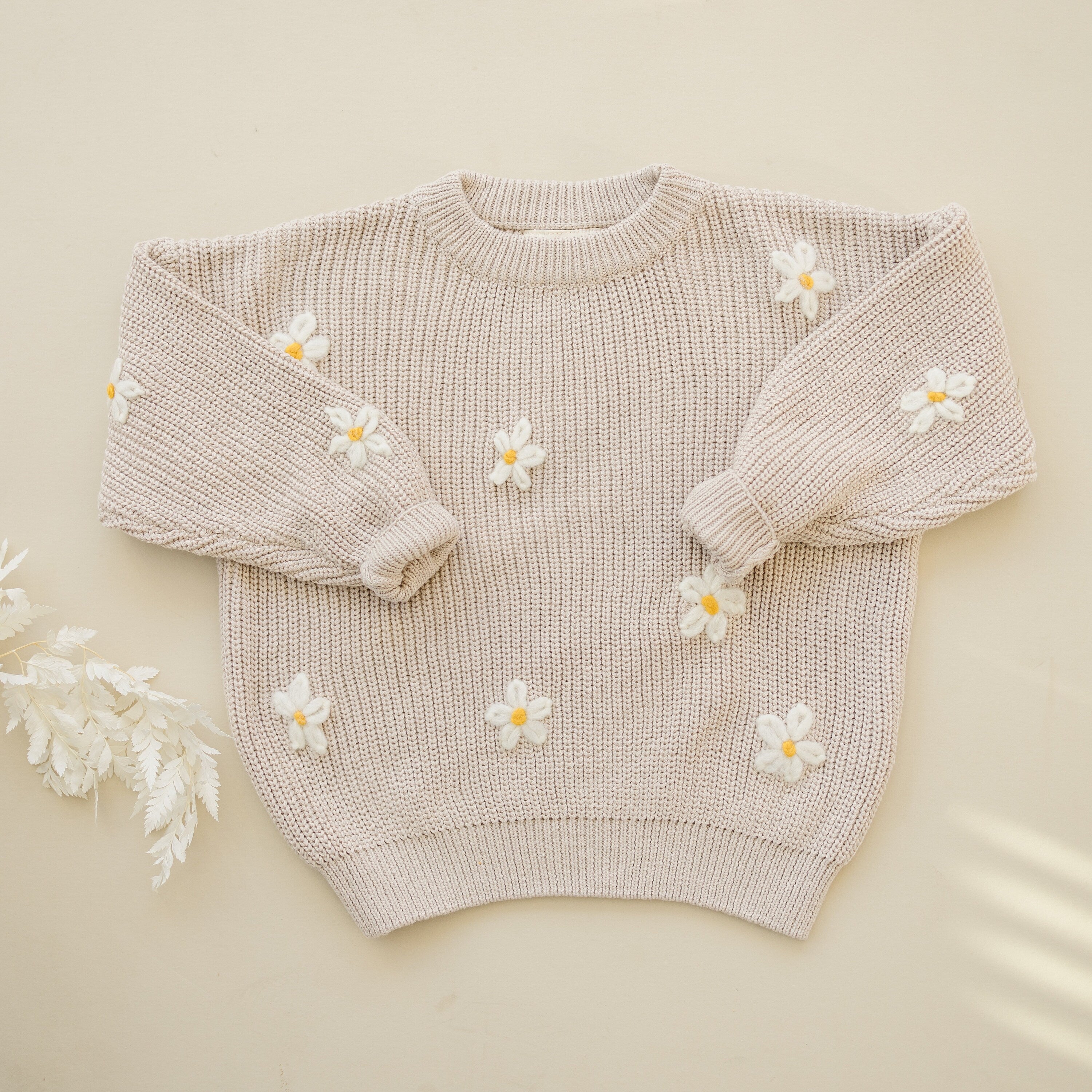 Neutral Daisy Hand Embroidered Chunky Knit Sweater for Babies & Toddlers - Flower Embroidered Baby Sweater - Baby Girl Toddler Floral Top
