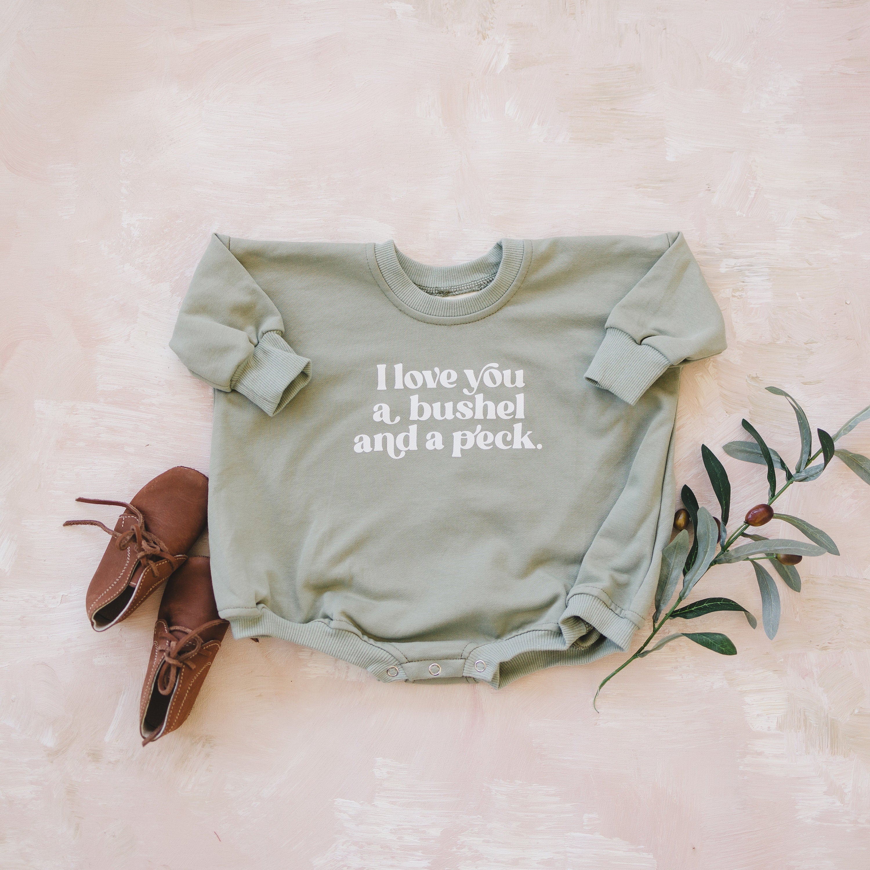 I Love You A Bushel and a Peck Oversized Sweatshirt Romper - Baby Bubble Romper - Baby Girl Outfit - Graphic Romper - Neutral Baby Clothes