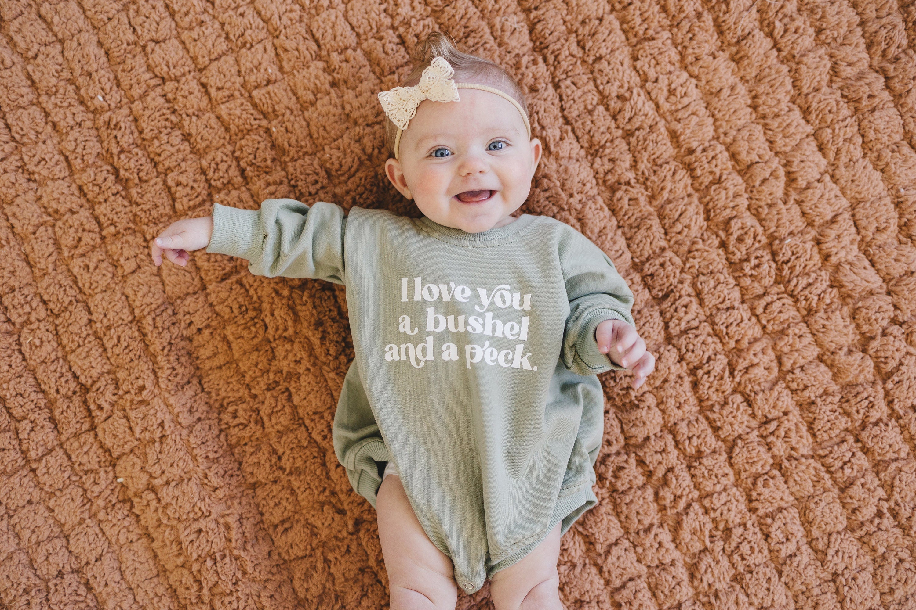 I Love You A Bushel and a Peck Oversized Sweatshirt Romper - Baby Bubble Romper - Baby Girl Outfit - Graphic Romper - Neutral Baby Clothes